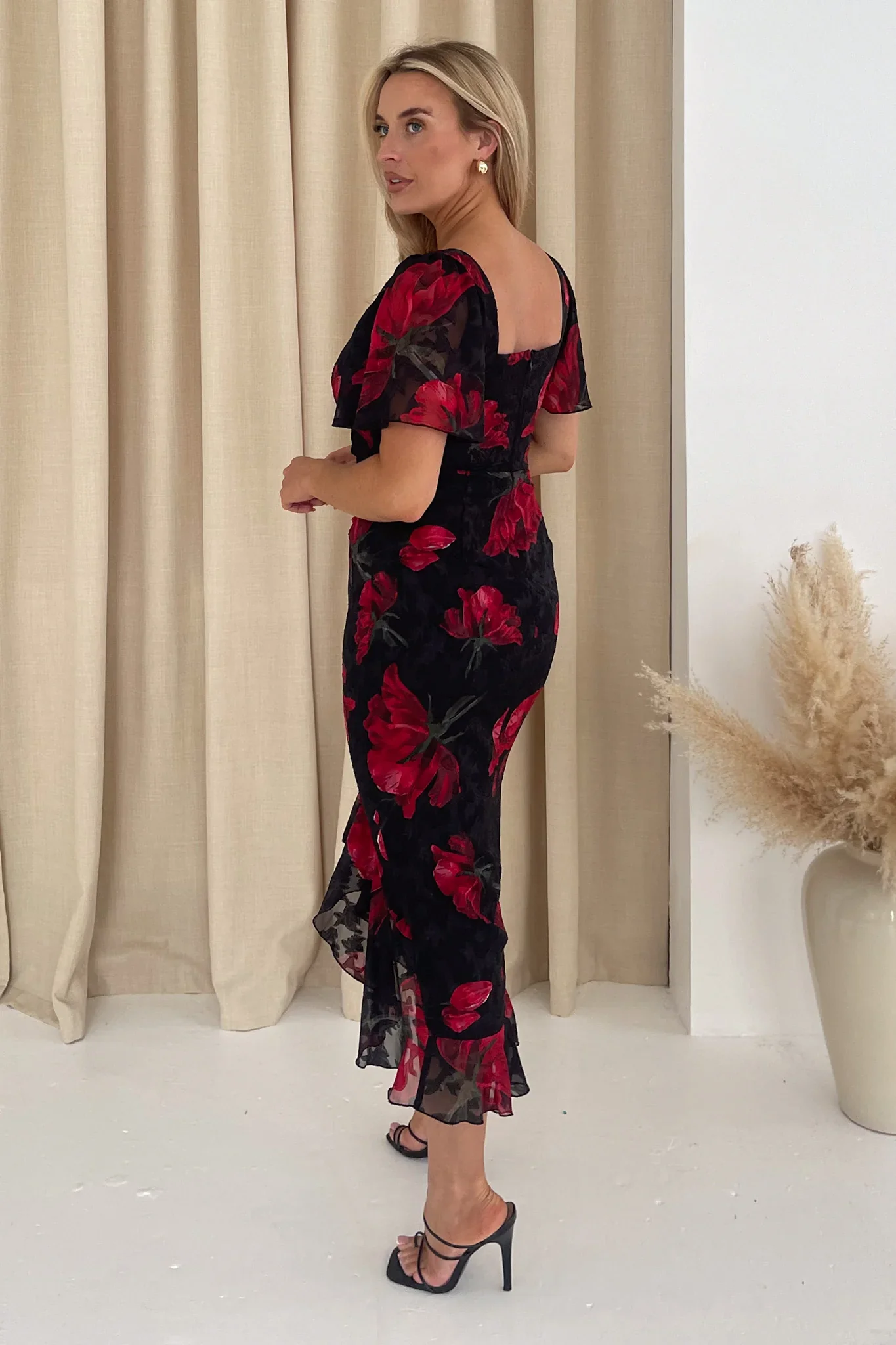 Heidi Ruched Midi Dress (Black & Red Florals) - Image 5