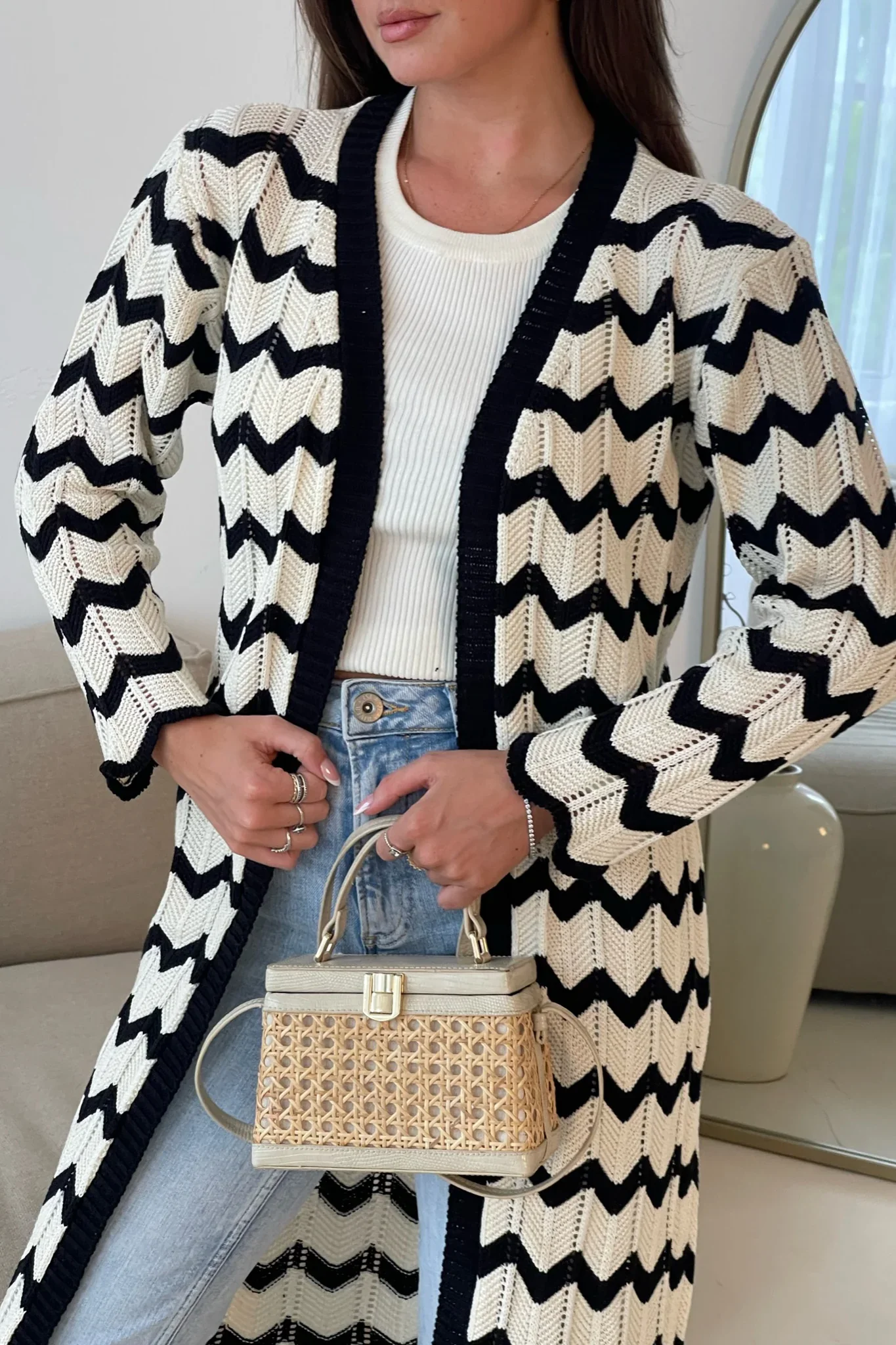 Ingrid Crochet Monochrome Chevron Cardigan (Black/Cream) - Image 3