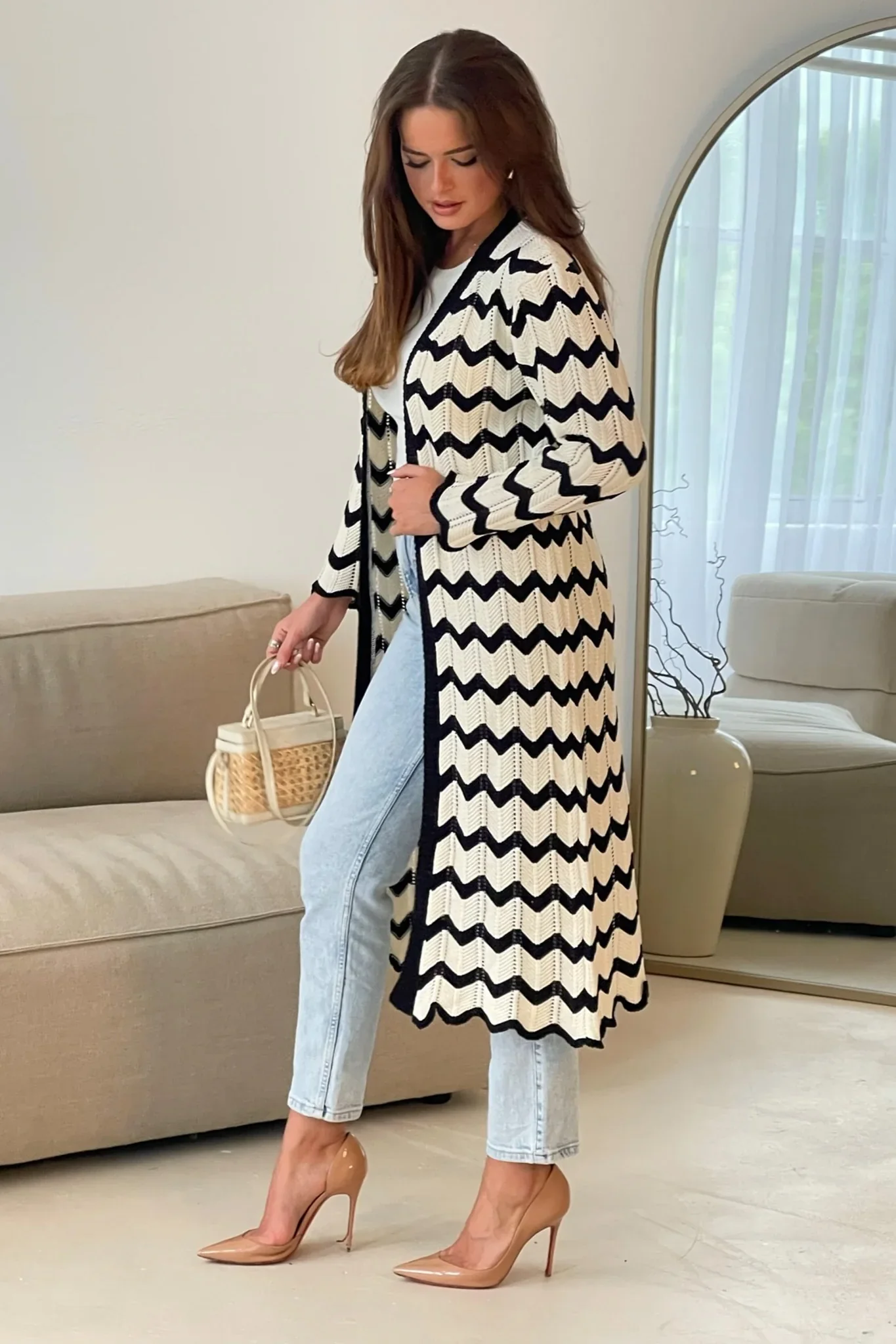 Ingrid Crochet Monochrome Chevron Cardigan (Black/Cream) - Image 6