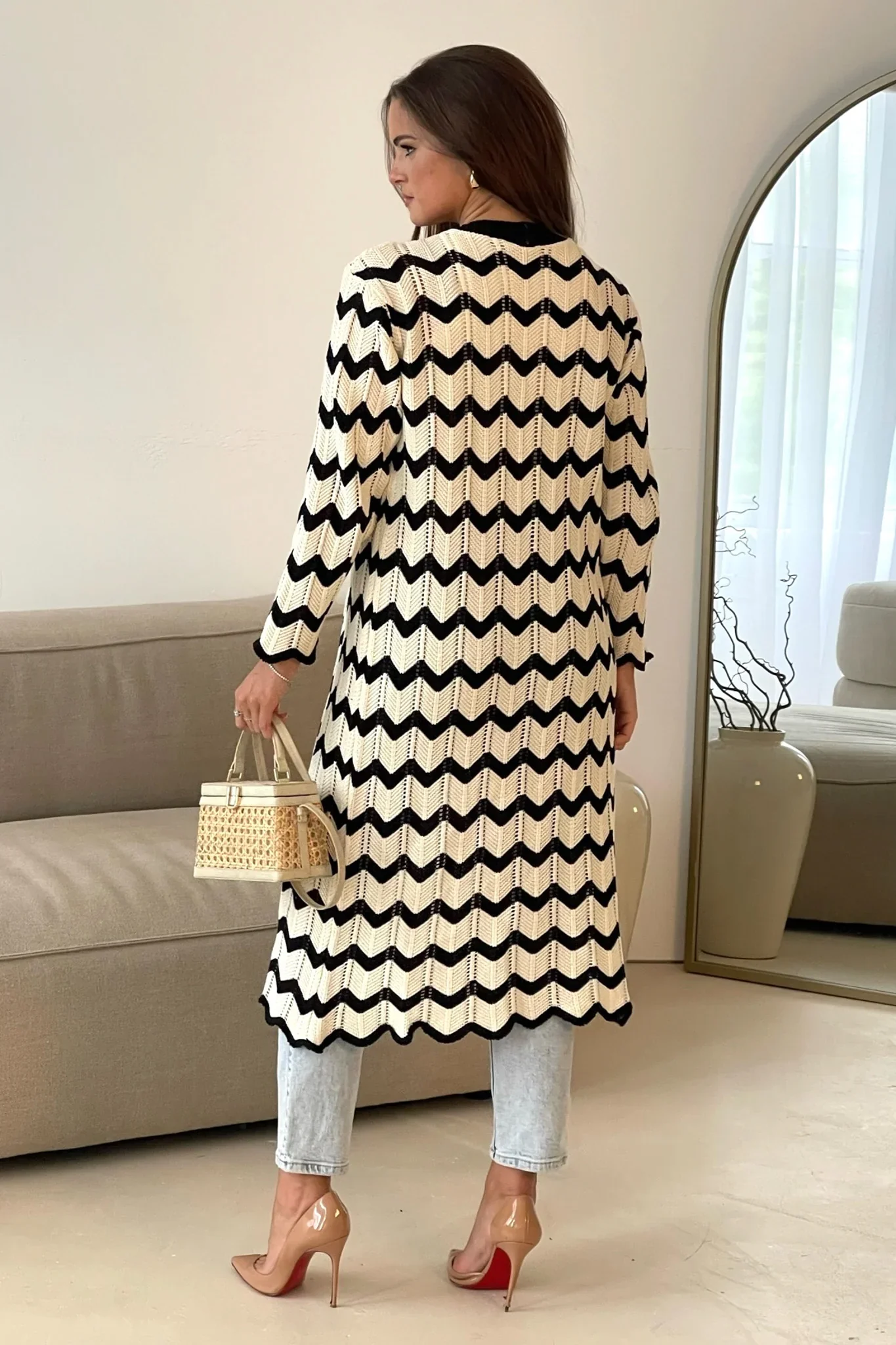 Ingrid Crochet Monochrome Chevron Cardigan (Black/Cream) - Image 7