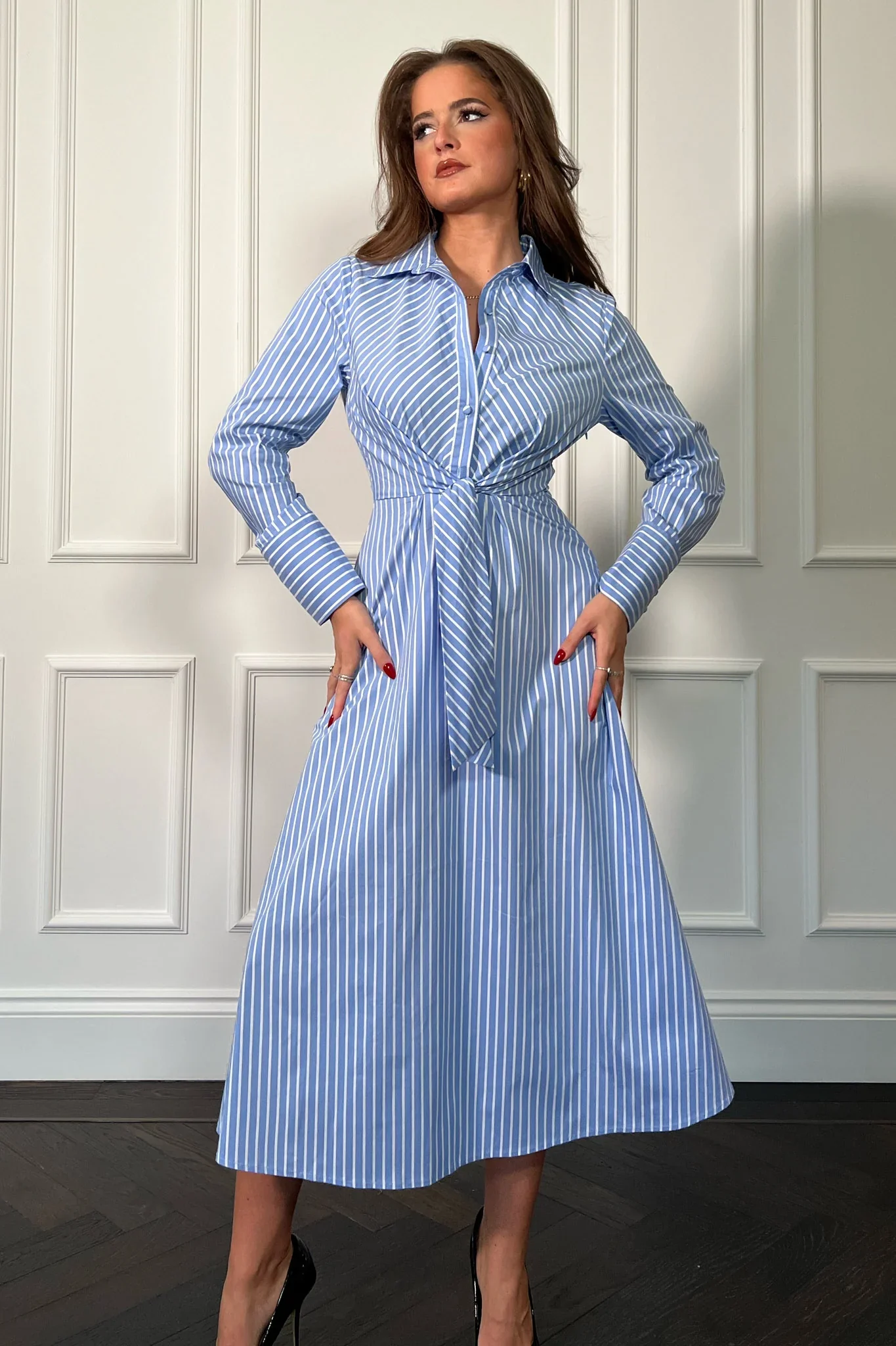 ISABELLA PIN STRIPE TIE FRONT DRESS (BLUE) - Image 5