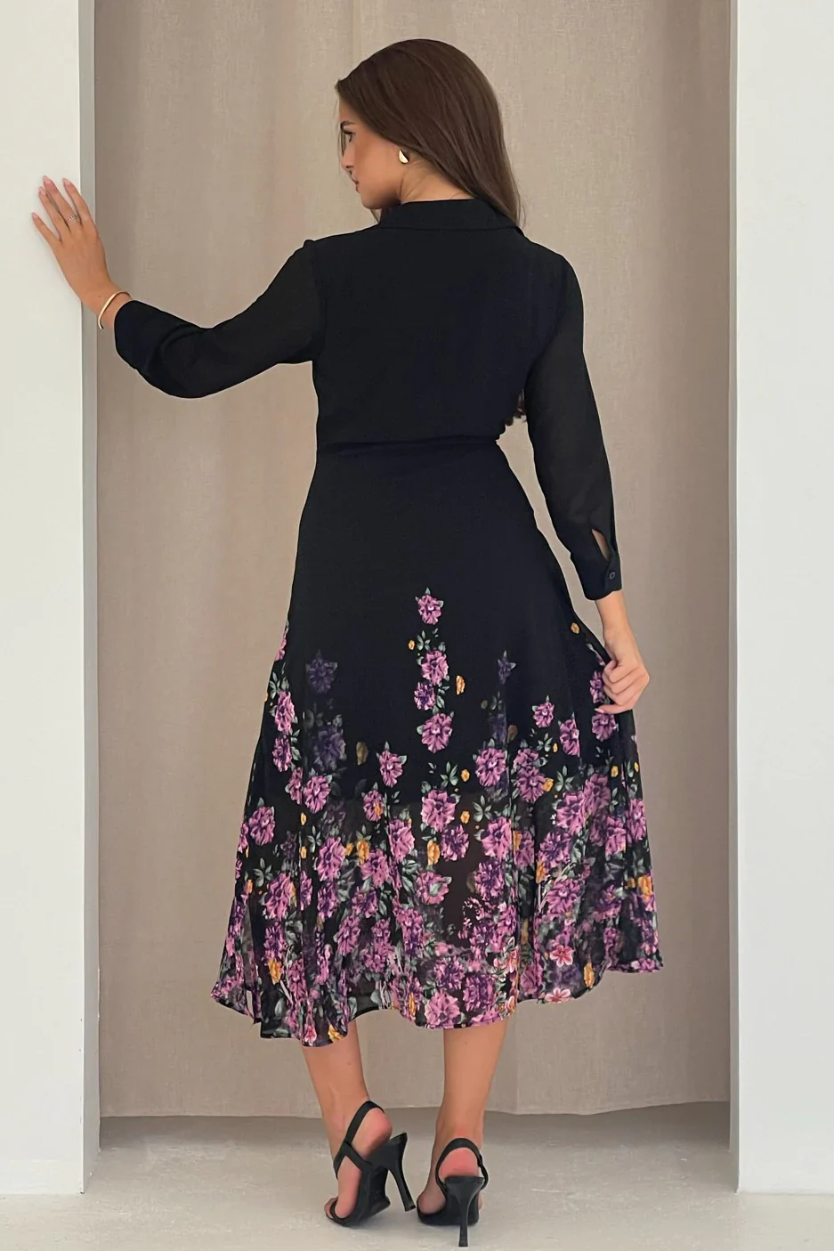 Isabella Purple Floral Boarder Tie Front Shirt Dress (Purple) - Image 5