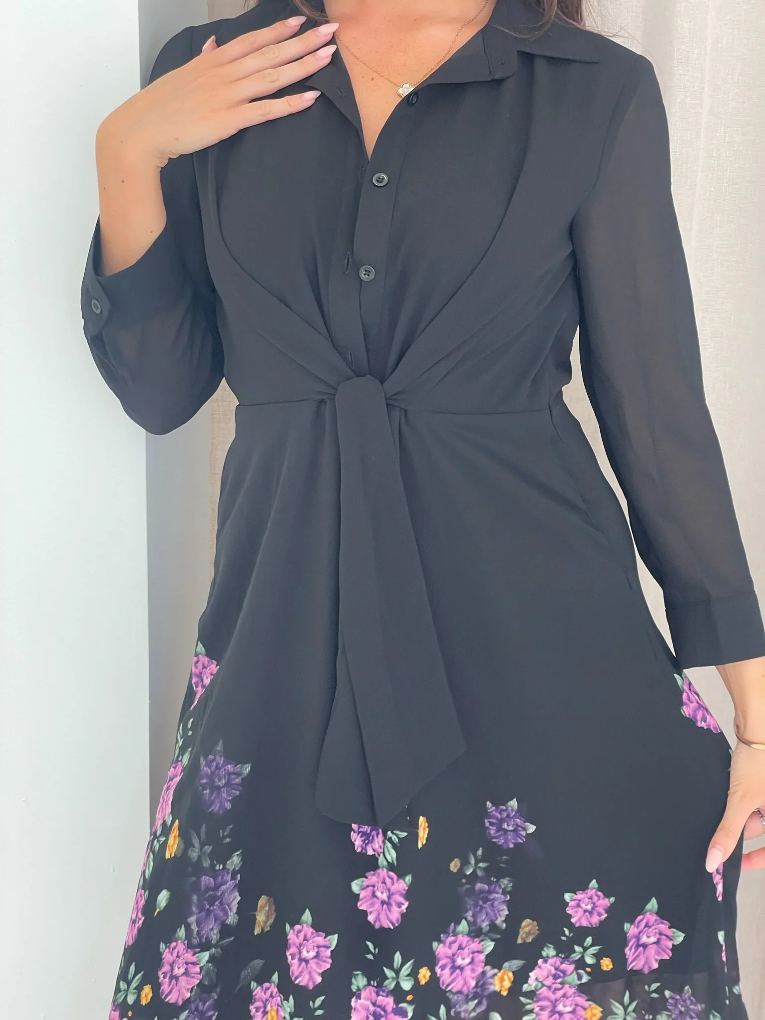 Isabella Purple Floral Boarder Tie Front Shirt Dress (Purple) - Image 6