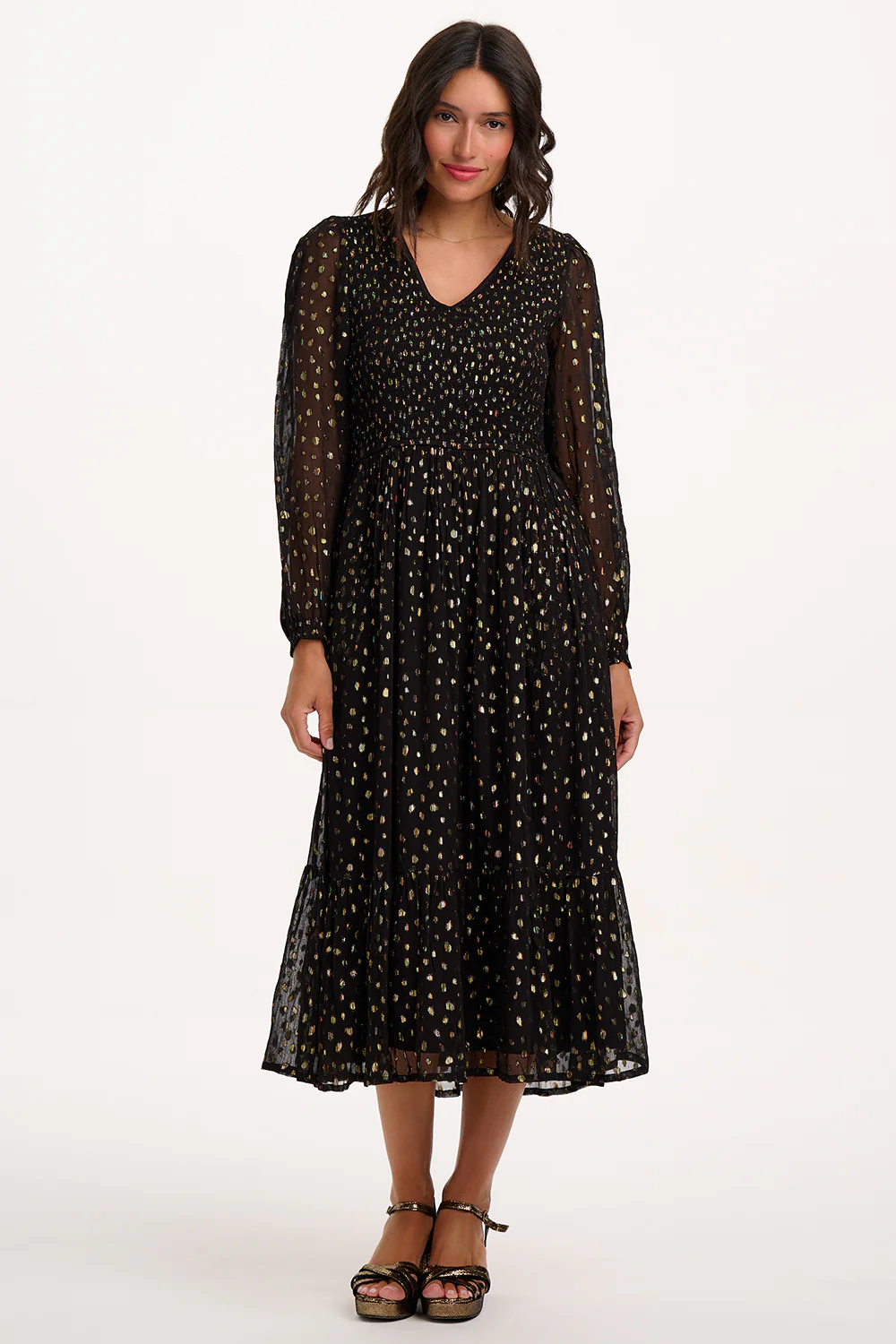 Jacqueline Shirred Midi Dress (Black/Metallic)