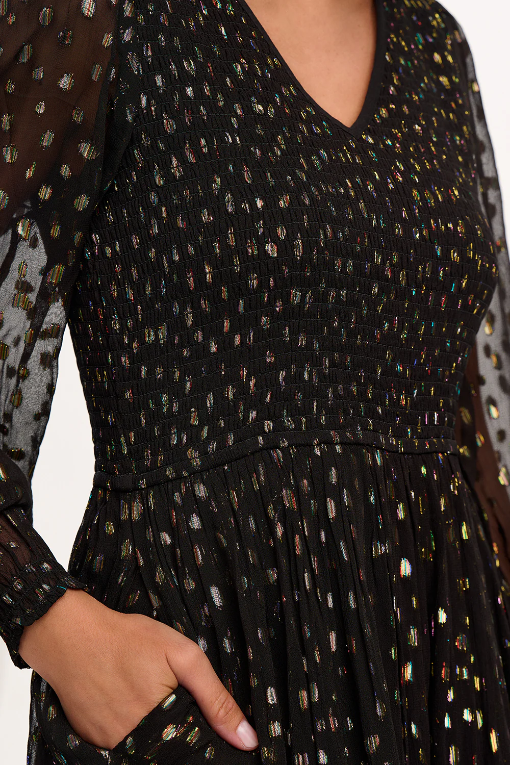 Jacqueline Shirred Midi Dress (Black/Metallic) - Image 4