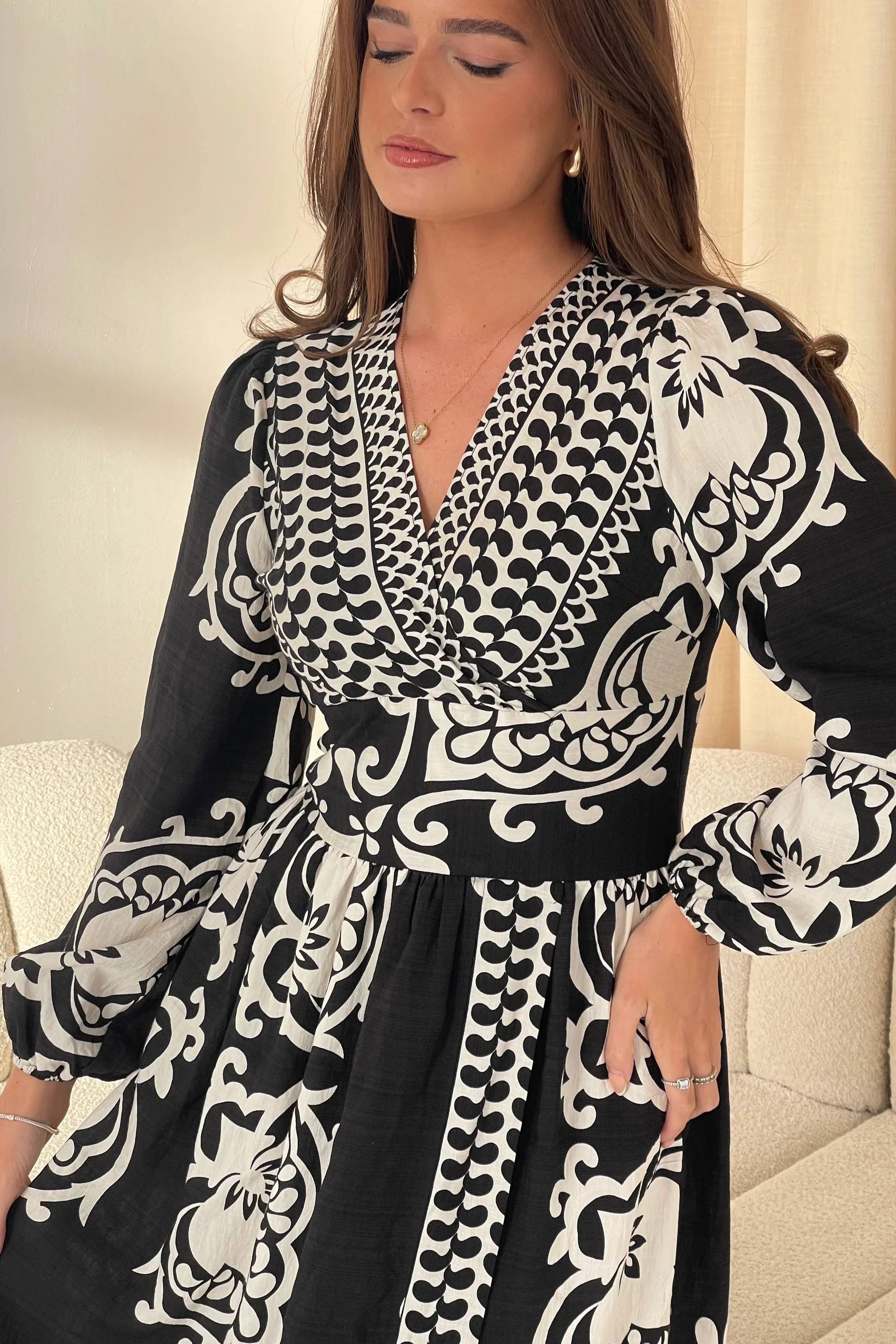 Juno Border Print Long Sleeve Maxi Dress (Black) - Image 4