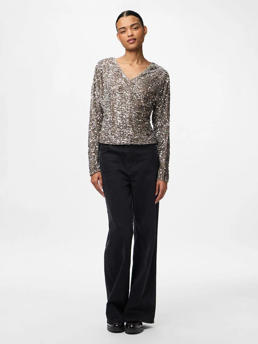Kassey Sequin V-Neck Top (Morel/Silver) - Image 2