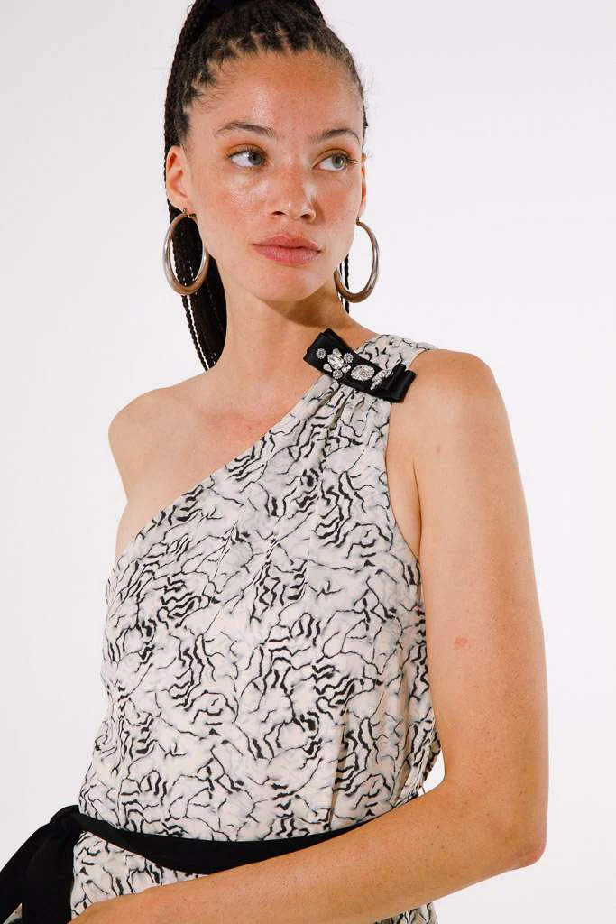 Kream One Shoulder Dress (Black/Beige) - Image 3