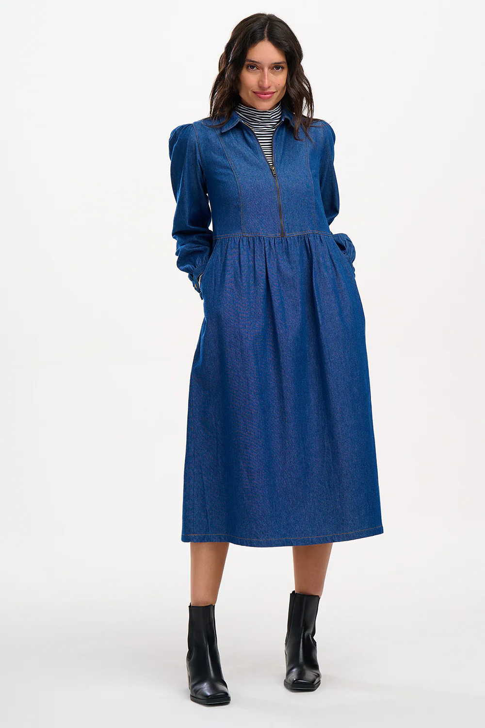 Kristy Midi Smock Dress (Mid Blue Denim) - Image 4