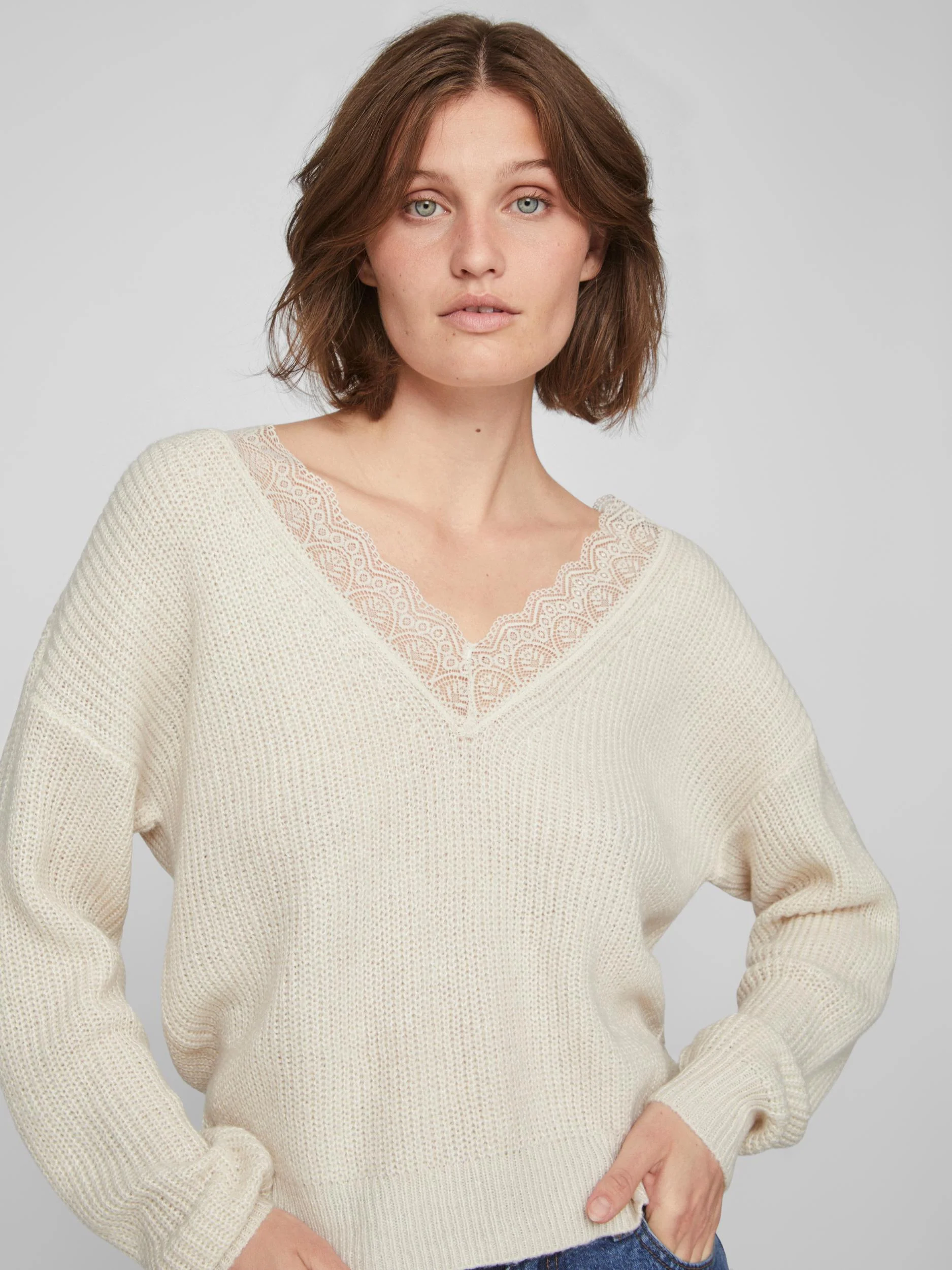LACY V-NECK JUMPER (NATURAL MELANGE) - Image 3