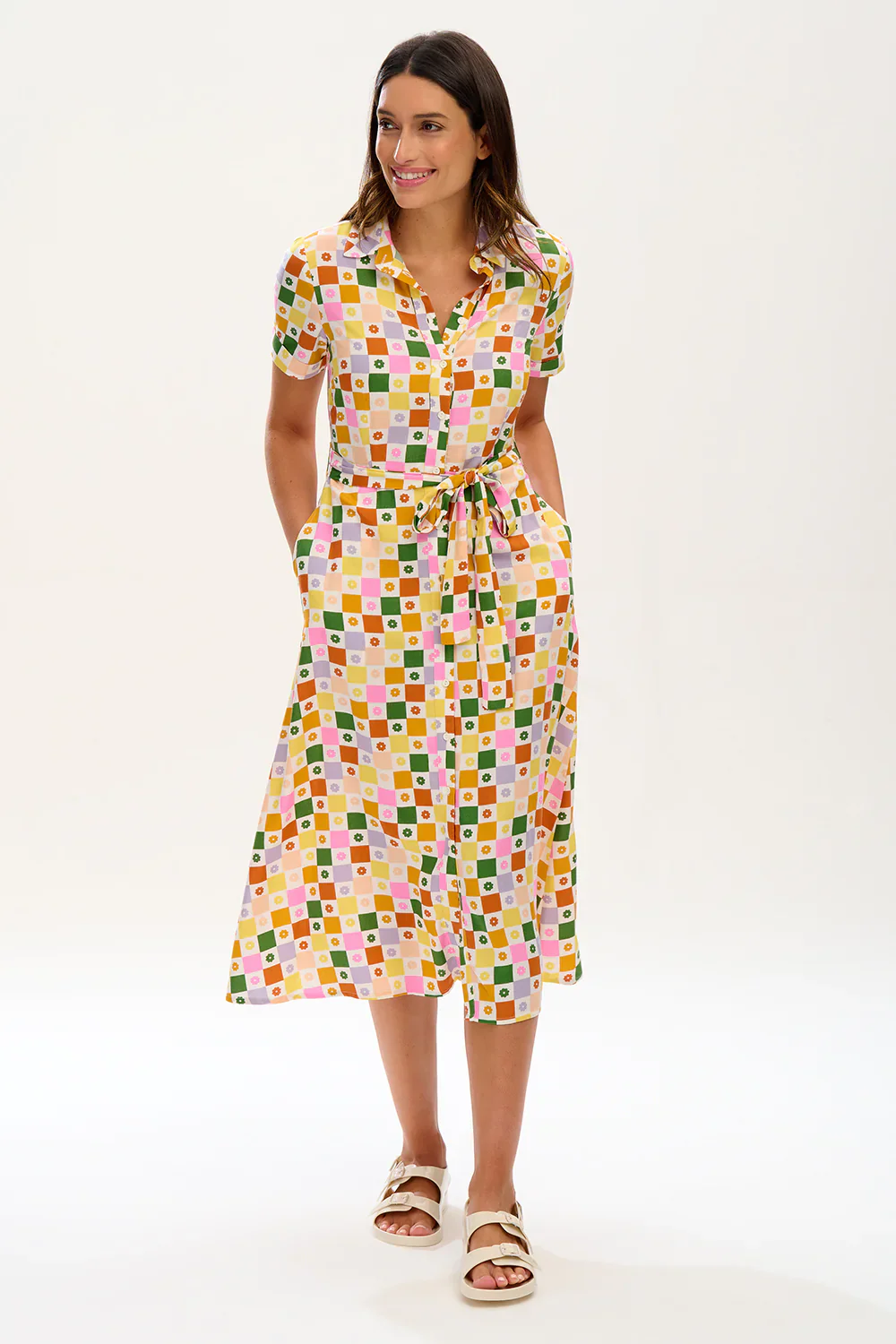 Lauretta Midi Shirt Dress (Multi, Floral Checkerboard) - Image 6