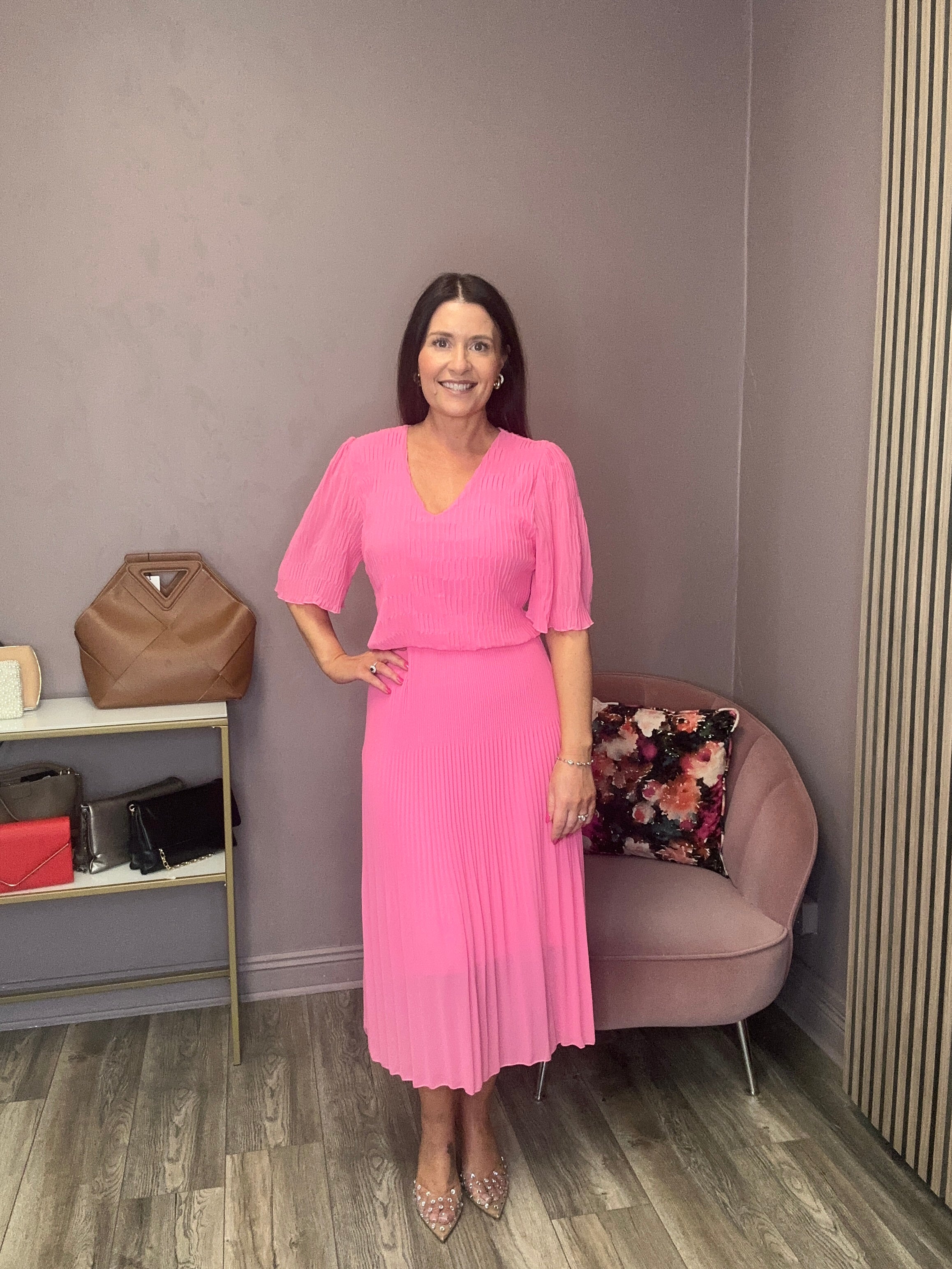 Layla Plisse Midi Dress (Pink) - Image 2