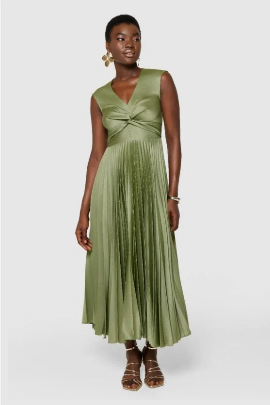 Leah Pleated Twist Dress (Olive) - Image 2