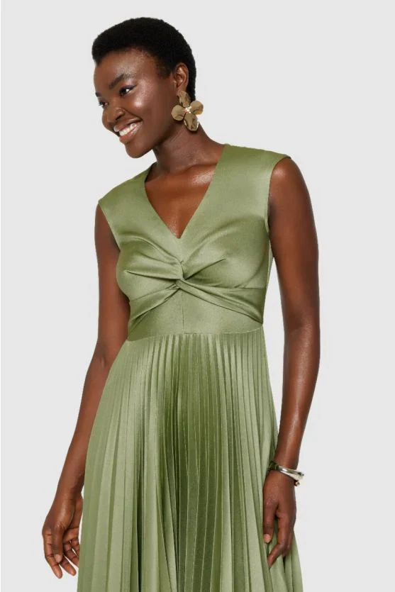 Leah Pleated Twist Dress (Olive) - Image 3