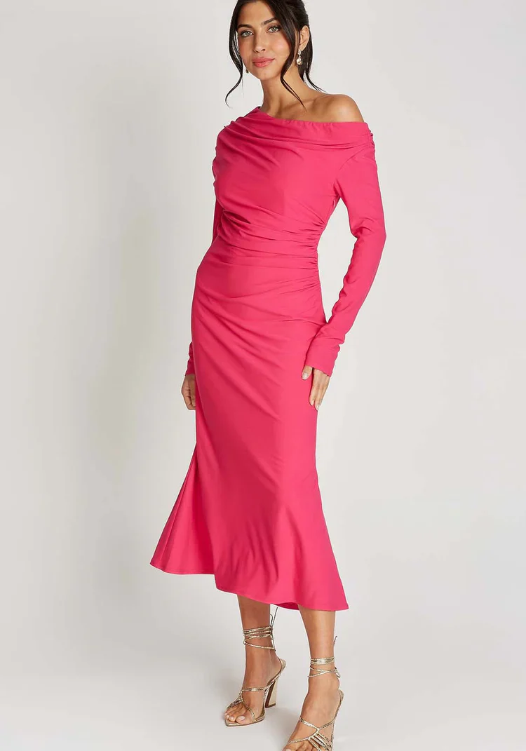 Leanette Asymmetric Midi Dress (Pink) - Image 2