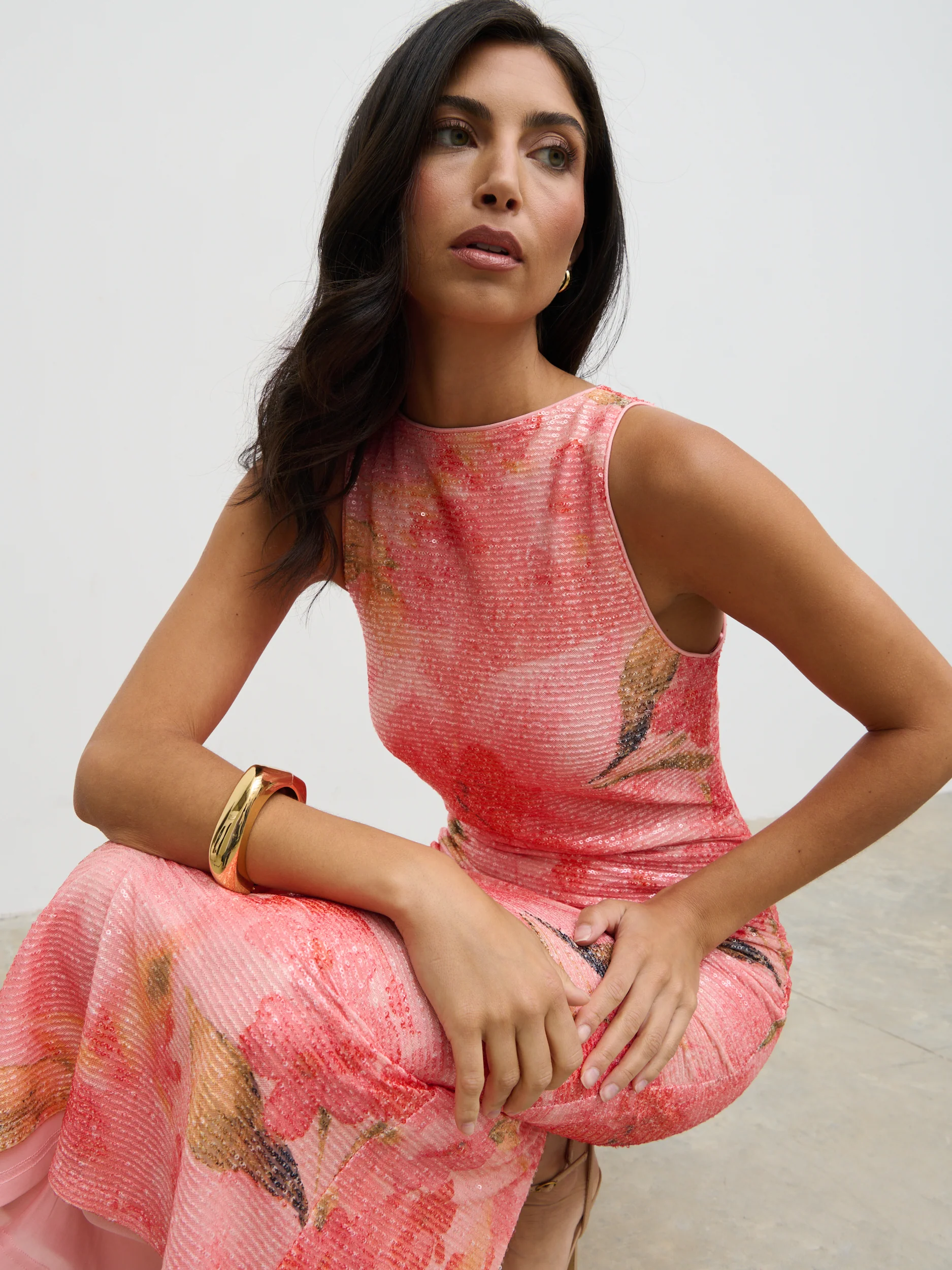 Lilou Printed Sequin Midaxi Dress (Orange Floral) - Image 4