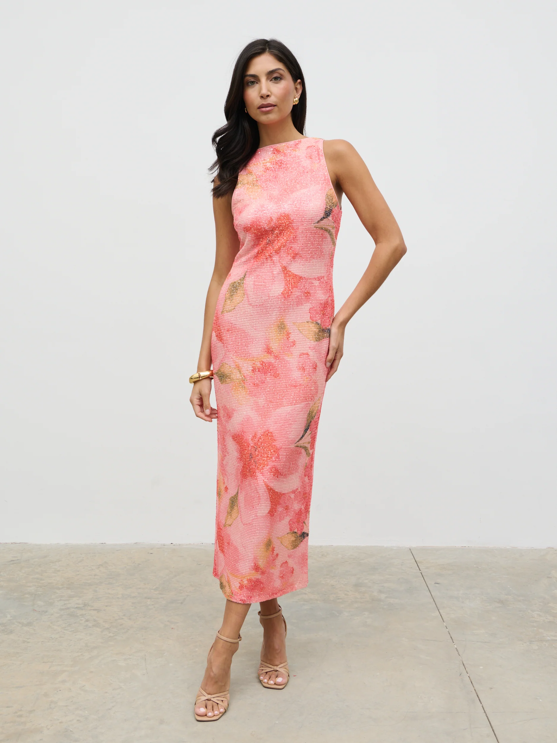 Lilou Printed Sequin Midaxi Dress (Orange Floral) - Image 5