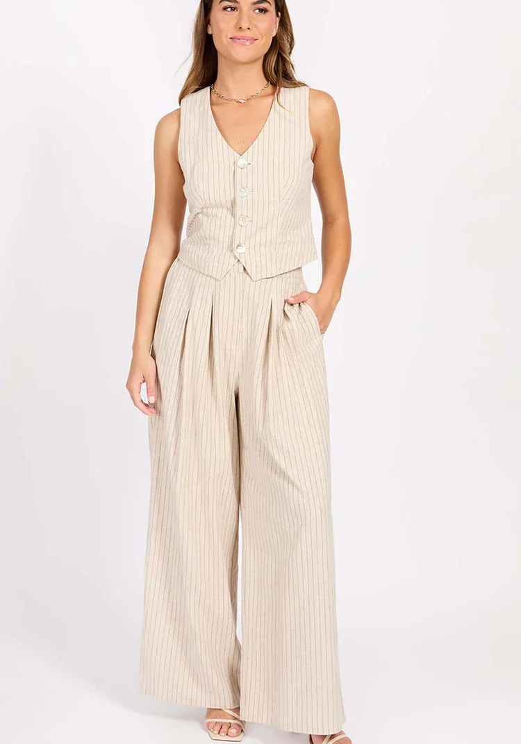 Logan Striped Linen Blend Waistcoat (Oatmeal/Black)