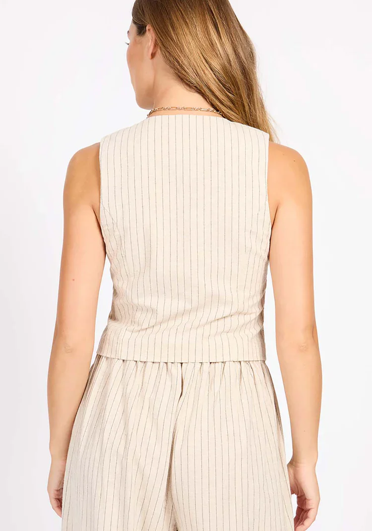 Logan Striped Linen Blend Waistcoat (Oatmeal/Black) - Image 4