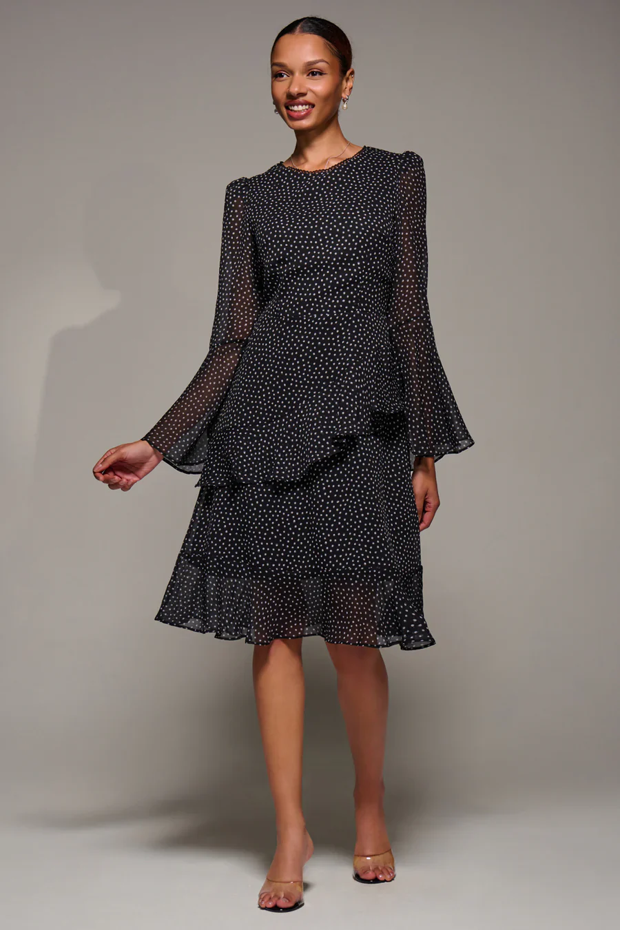 Long Sleeve Frill Chiffon Knee-Length Dress (Black Spot) - Image 2