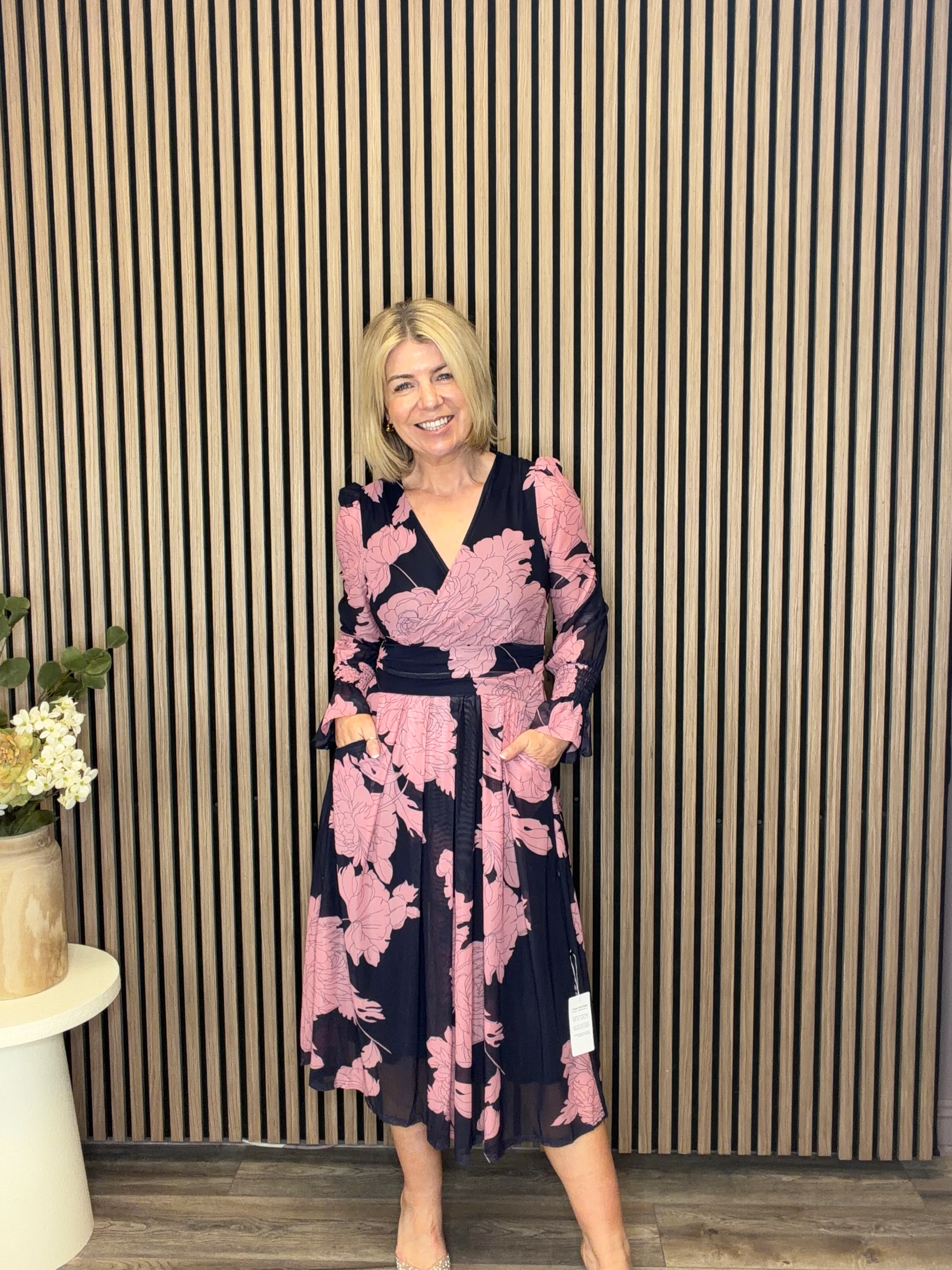 Long Sleeve Printed Mesh Midi Dress (Pink Floral) - Image 2