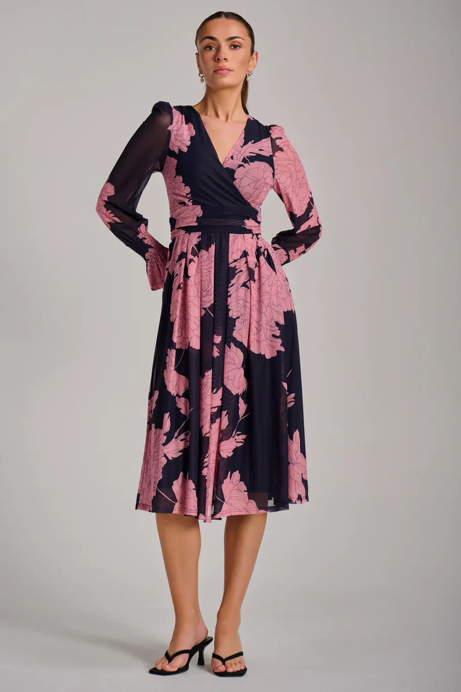 Long Sleeve Printed Mesh Midi Dress (Pink Floral) - Image 3