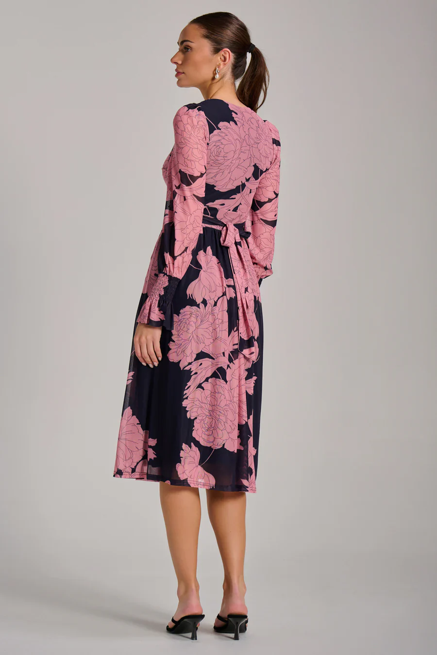 Long Sleeve Printed Mesh Midi Dress (Pink Floral) - Image 4