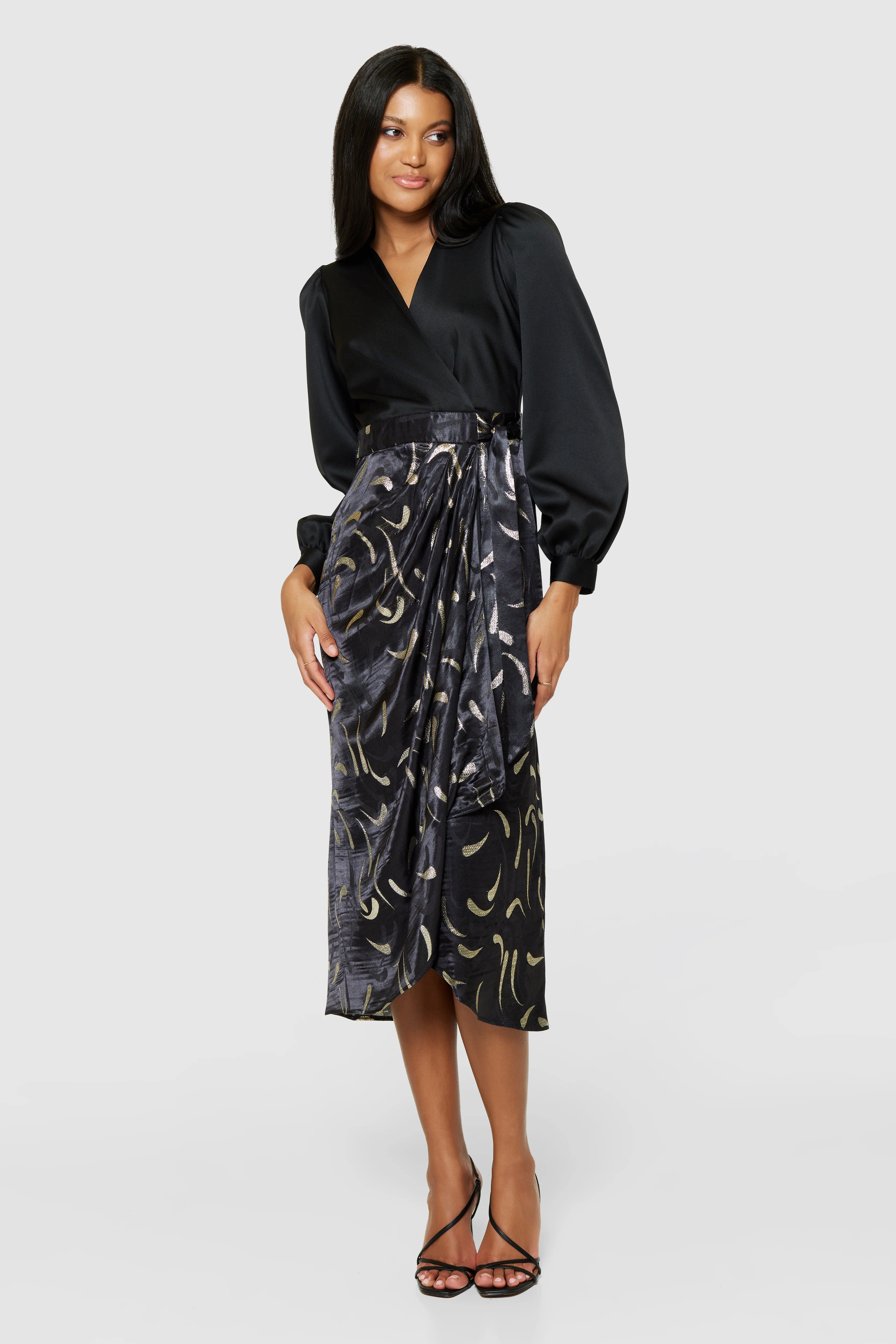 Louise Pencil Wrap Dress (Black/Gold) - Image 2