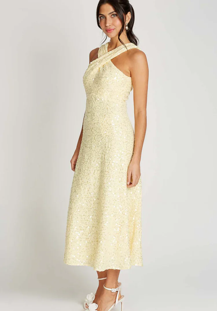 Louise Sequin Waffle Cross Neck Midi Dress (Lemon) - Image 2
