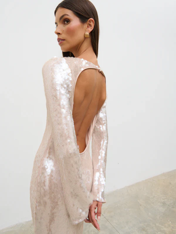 Lyra Long Sleeve Sequin Midaxi Dress (Oyster) - Image 6