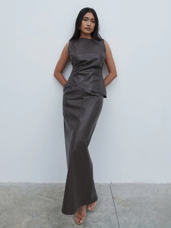 Maeve Faux Leather Maxi Skirt (Dark Chocolate Brown)