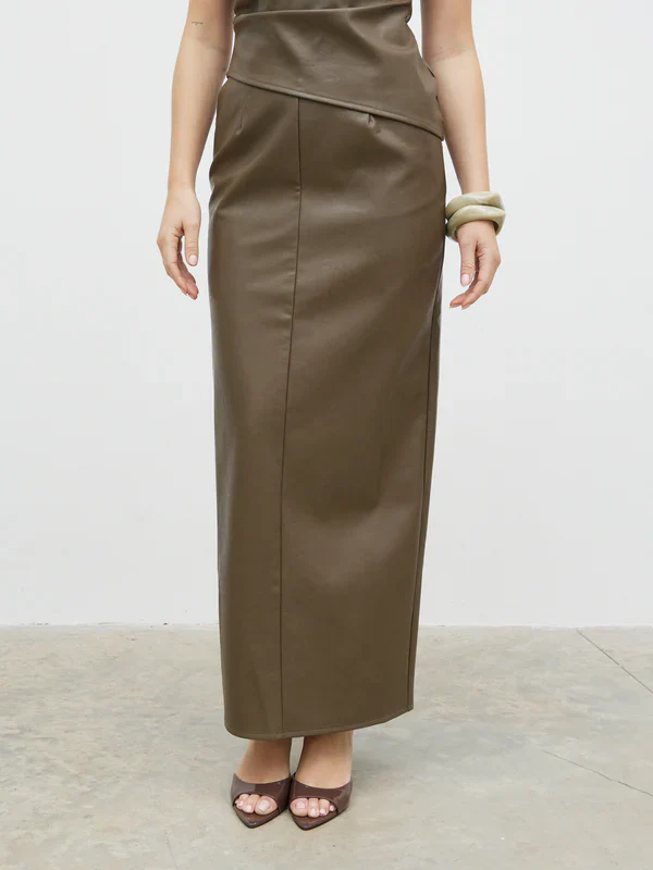 Maeve Faux Leather Maxi Skirt (Khaki) - Image 3