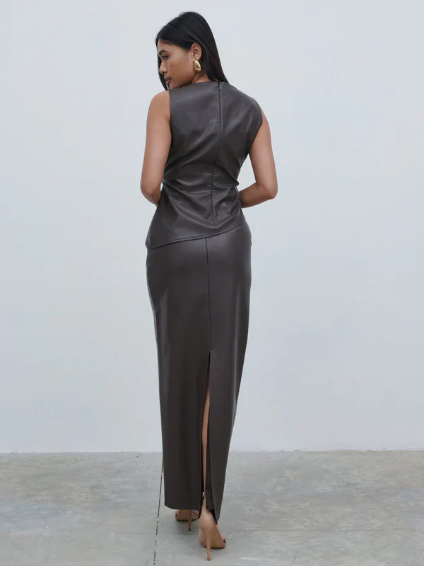 Maeve High Neck Faux Leather Top (Dark Chocolate Brown) - Image 4