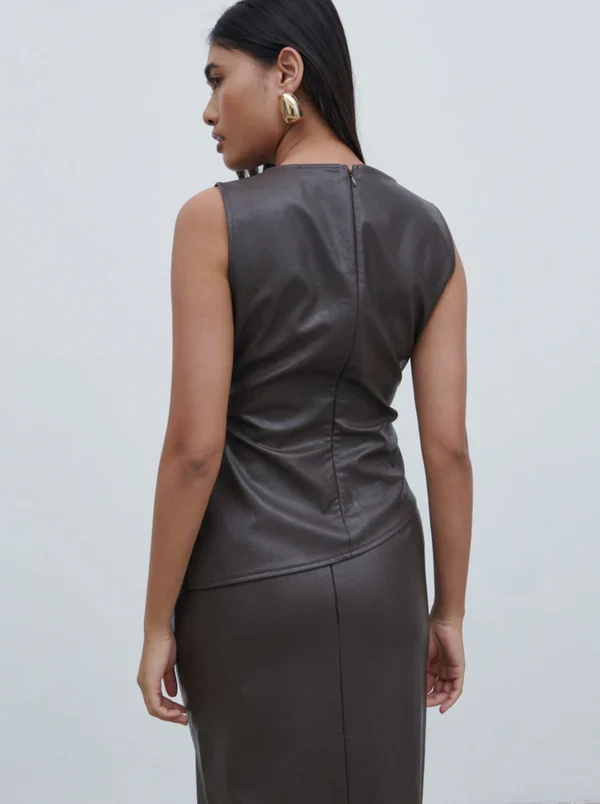 Maeve High Neck Faux Leather Top (Dark Chocolate Brown) - Image 5