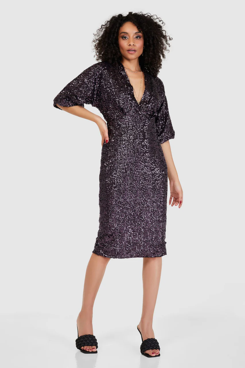 Marilyn Sequin Kimono Pencil Midi Dress (Purple)