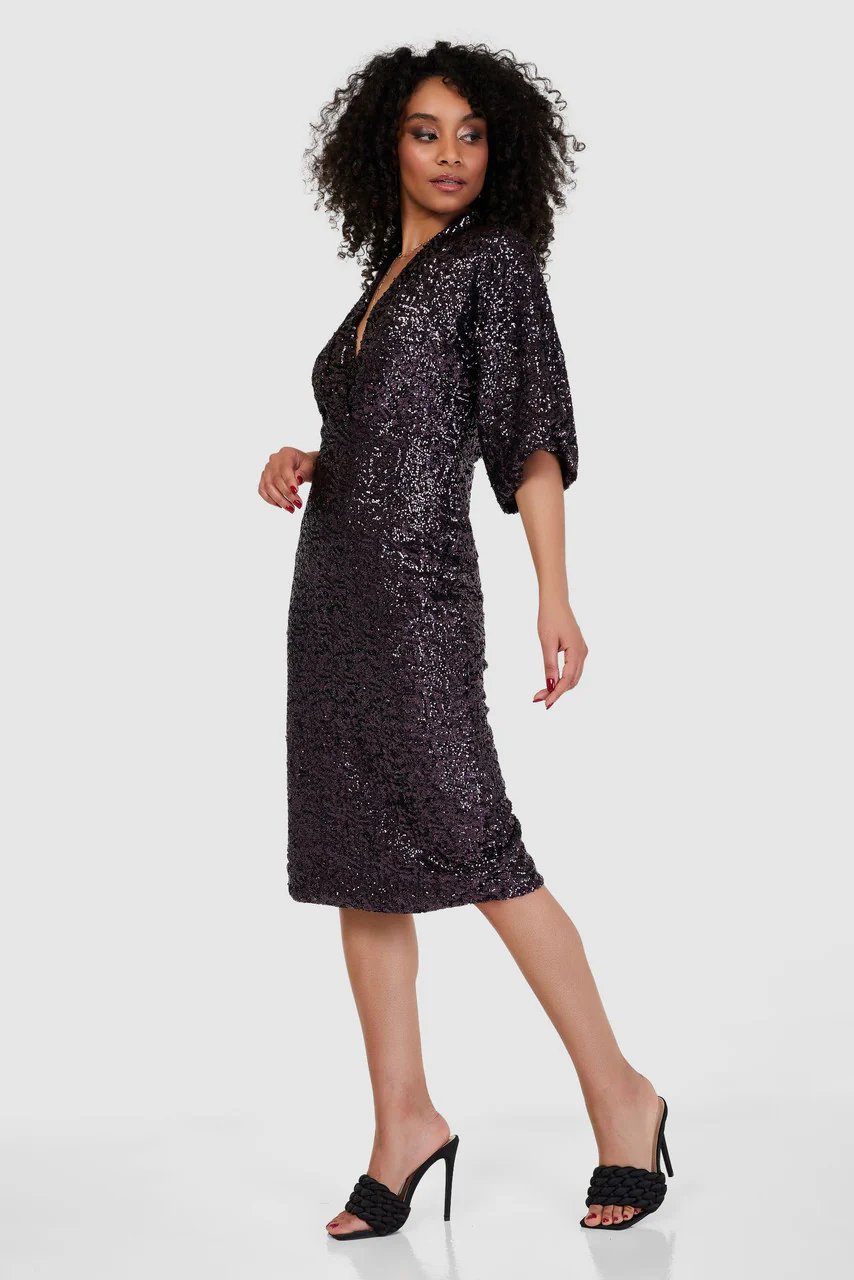 Marilyn Sequin Kimono Pencil Midi Dress (Purple) - Image 2