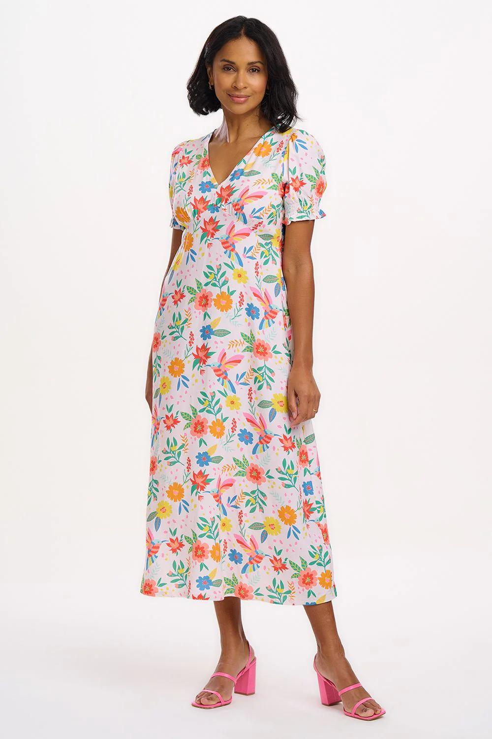 Mary Jane Midi Dress (Off White/Tropical Hummingbird)