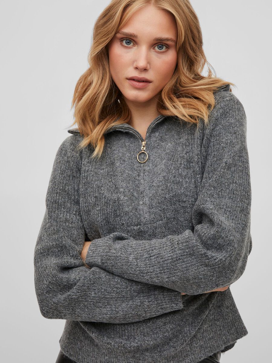 Mathilda Zip Neck Jumper (Medium Grey Melange) - Image 2