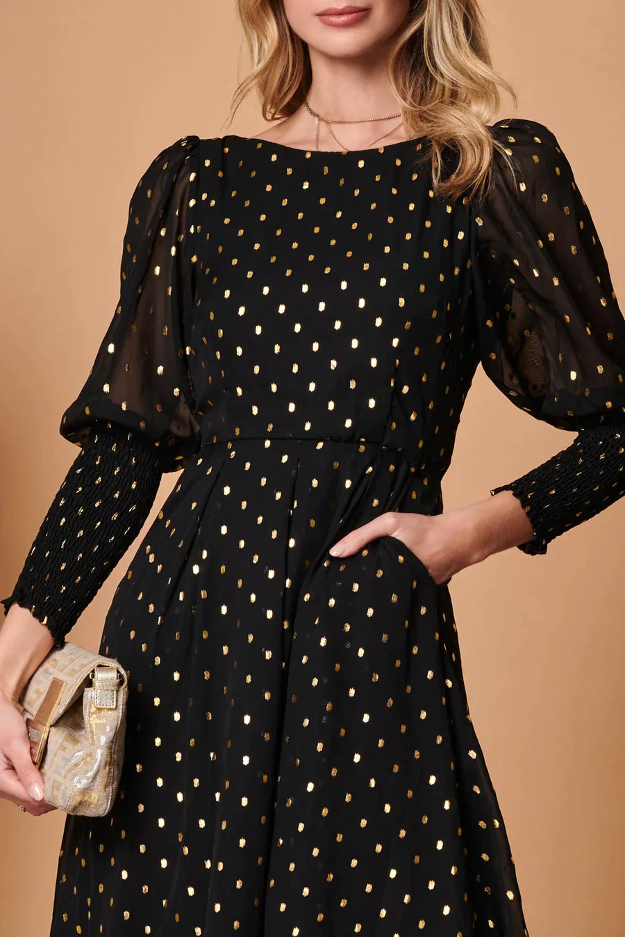 METALLIC CHIFFON PUFF SLEEVE MIDI DRESS (BLACK) CURVE - Image 3