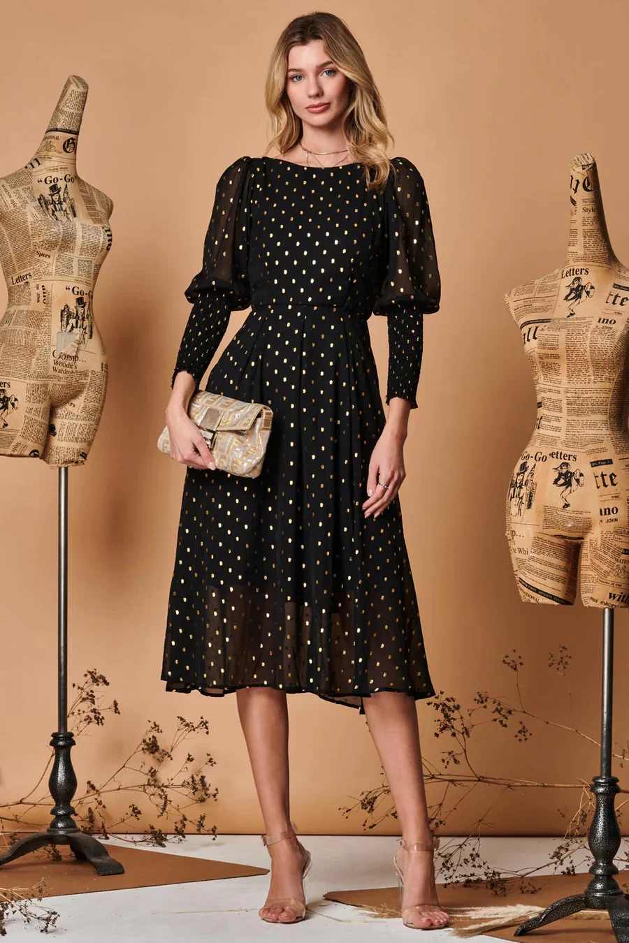 METALLIC CHIFFON PUFF SLEEVE MIDI DRESS (BLACK) CURVE - Image 4