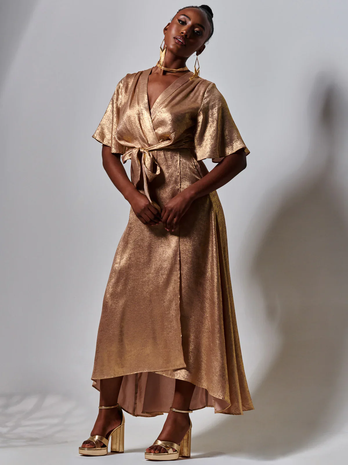 METALLIC EFFECT WRAP MAXI DRESS (GOLD) - Image 3