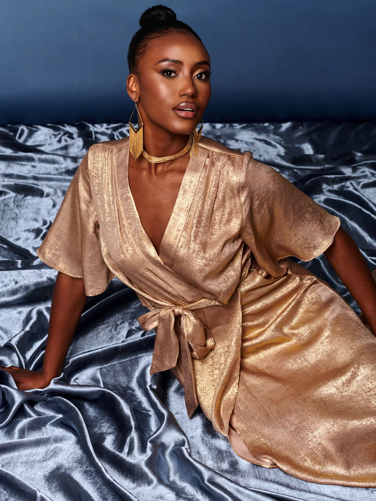 METALLIC EFFECT WRAP MAXI DRESS (GOLD) - Image 5