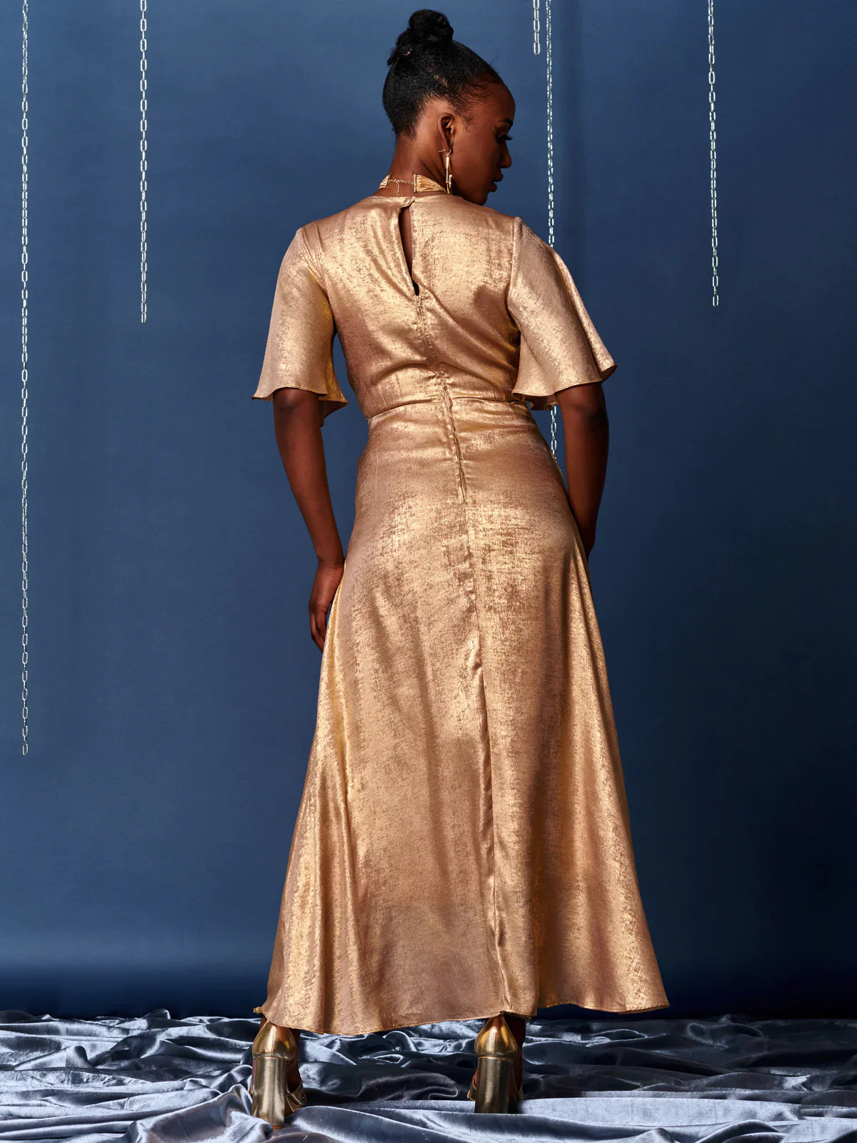 METALLIC EFFECT WRAP MAXI DRESS (GOLD) - Image 7