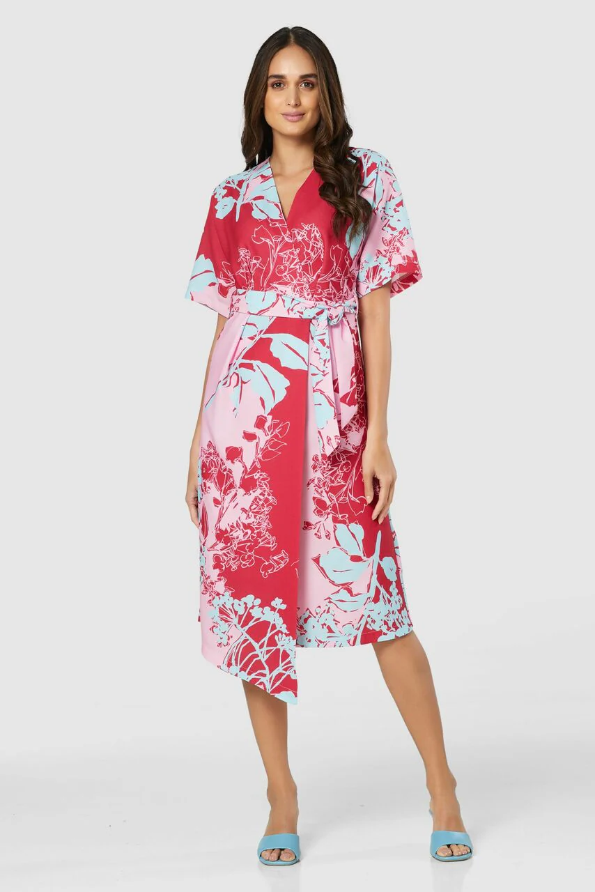Mia Floral Print Kimono Midi Dress (Pink) - Image 2