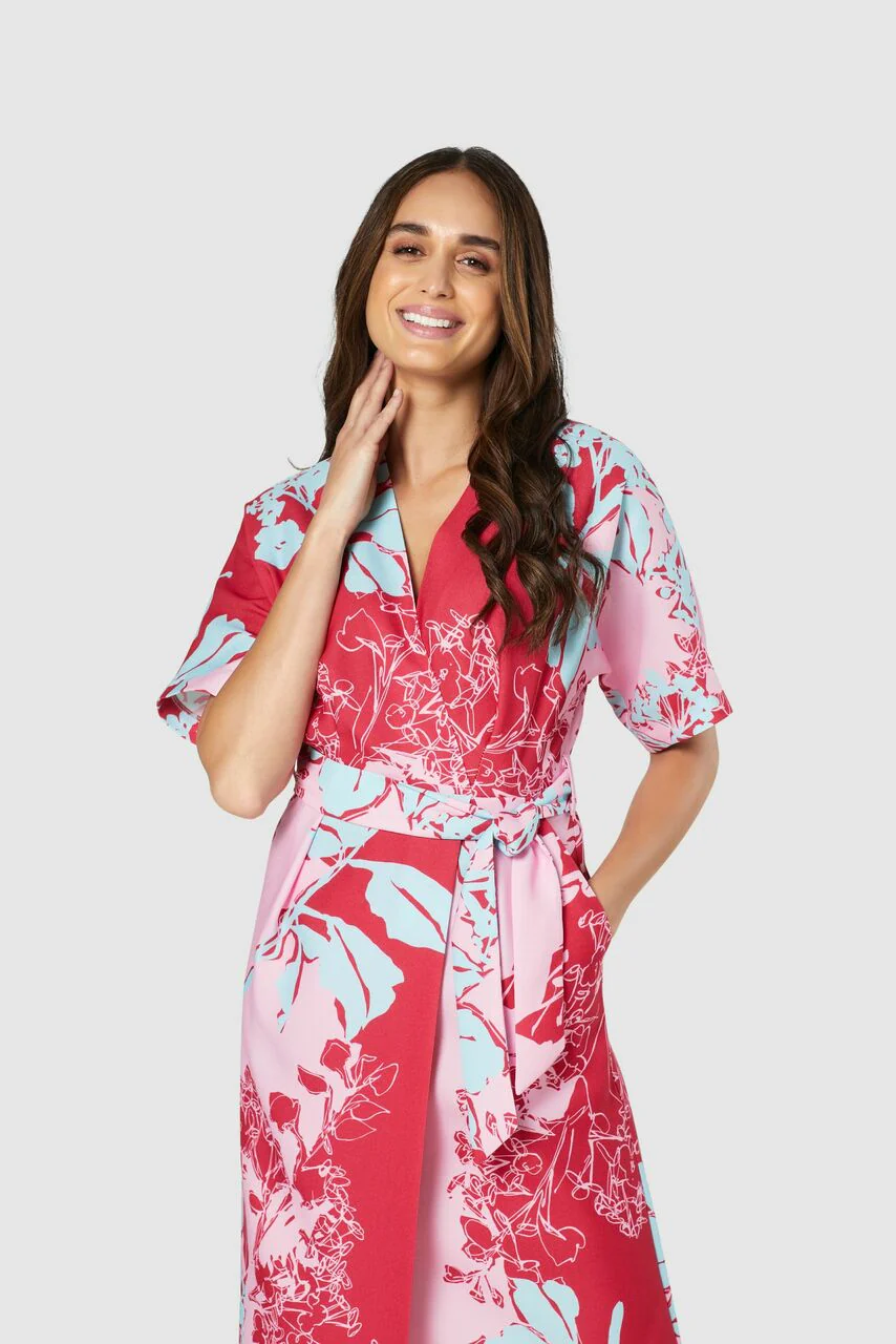Mia Floral Print Kimono Midi Dress (Pink) - Image 3