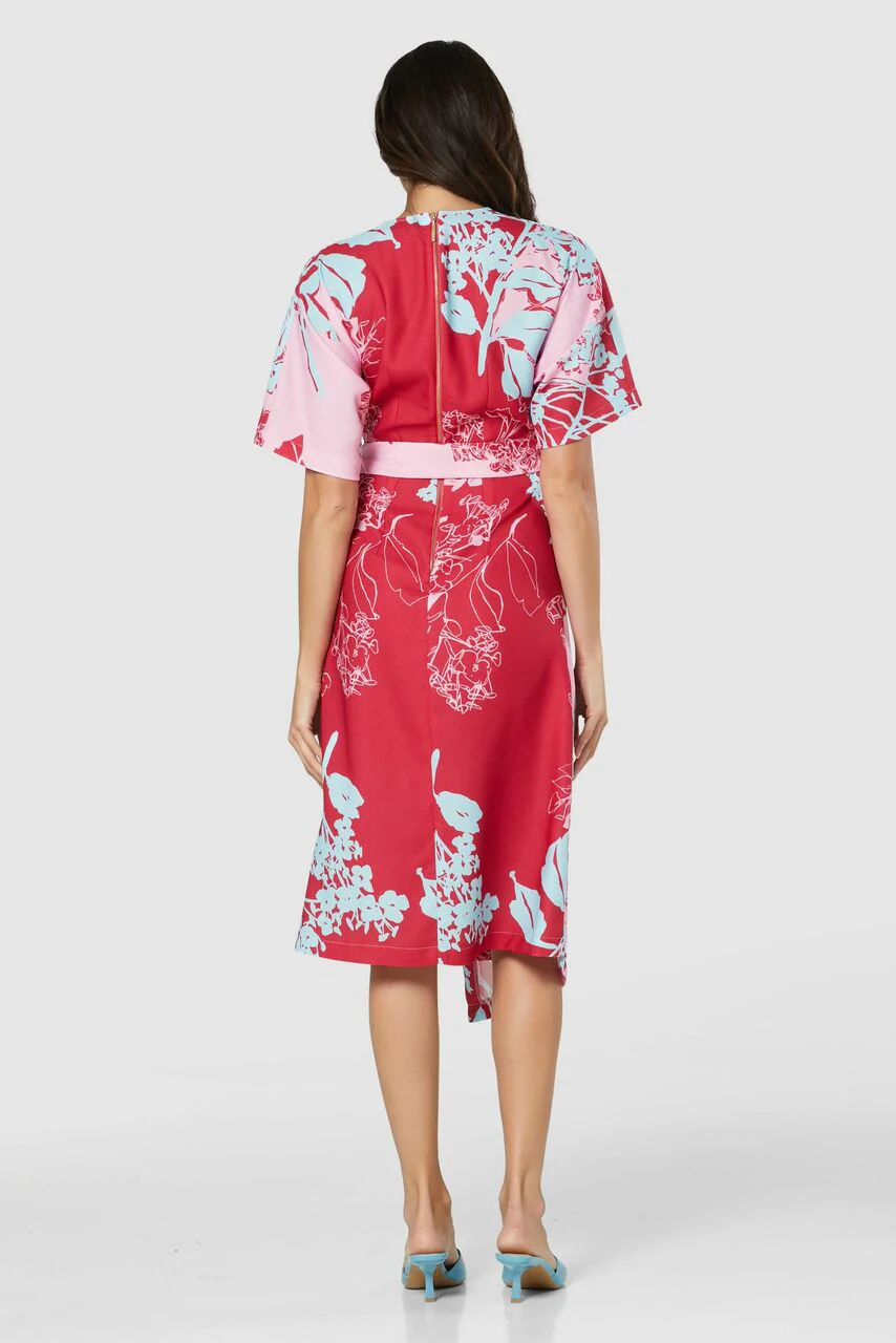 Mia Floral Print Kimono Midi Dress (Pink) - Image 4