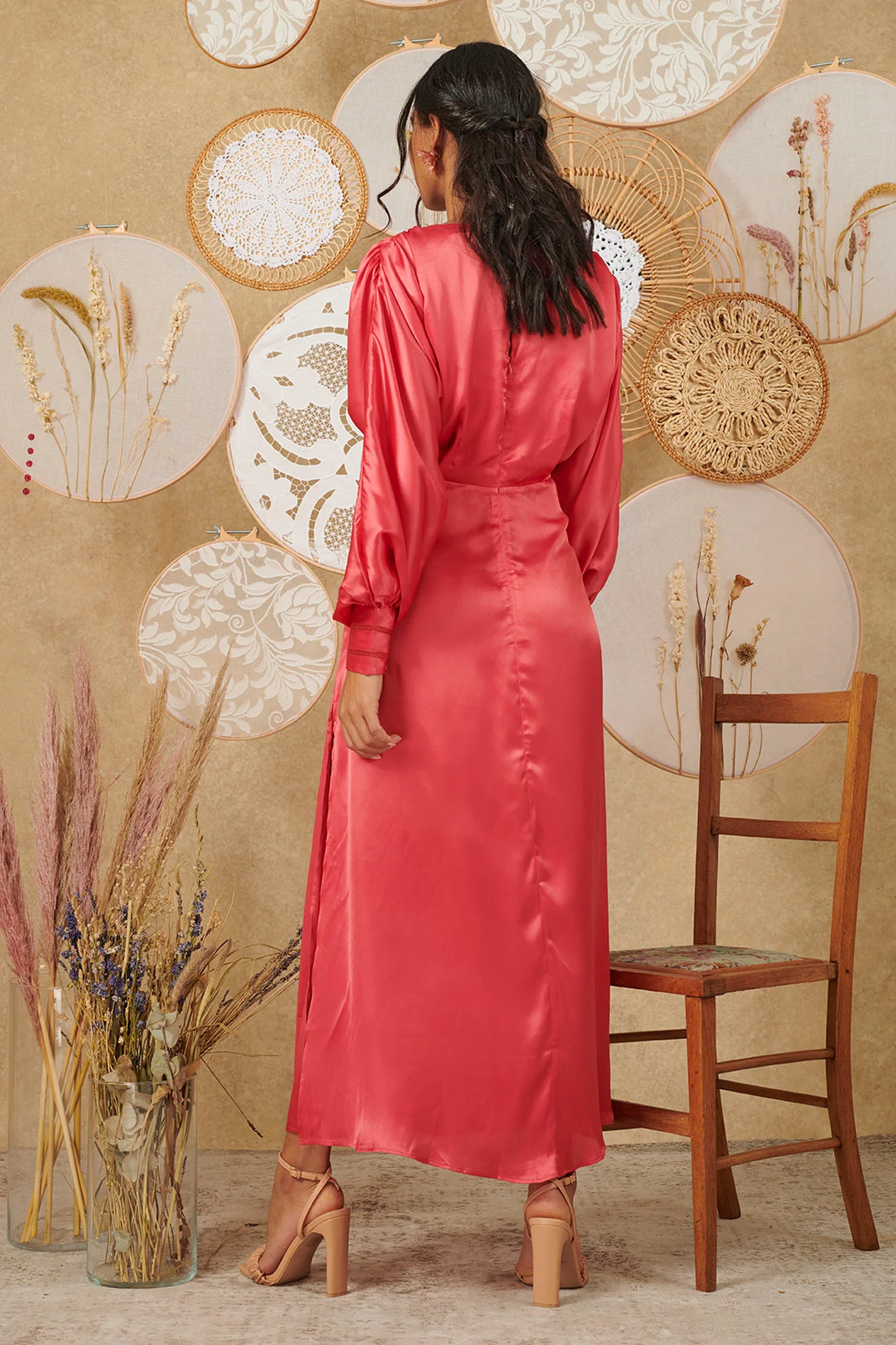 Milly Satin Ladder Trim Waist Midi Dress (Pink) - Image 4