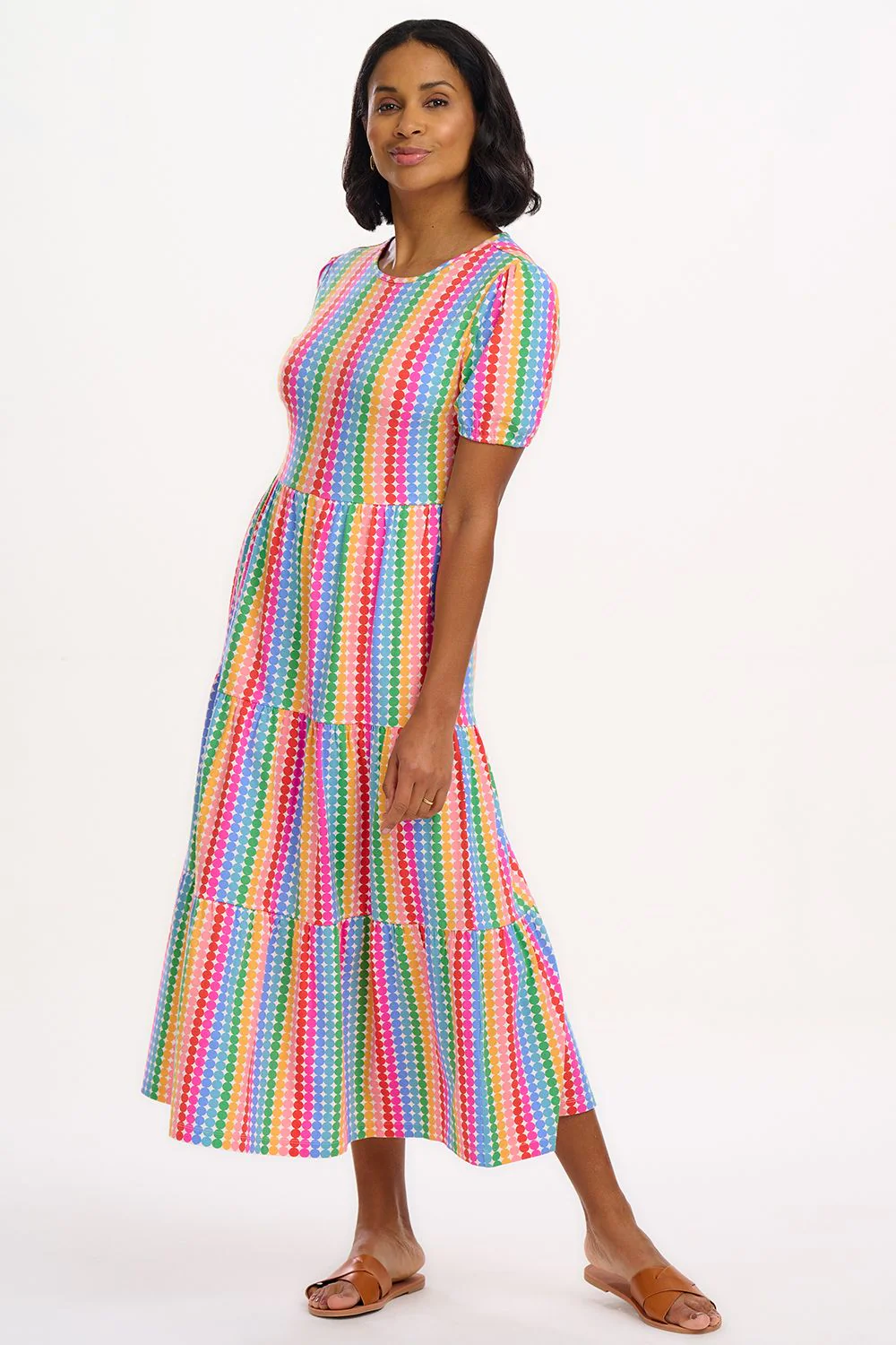 Minerva Jersey Tiered Midi Dress (Multi/Rainbow Circles) - Image 2