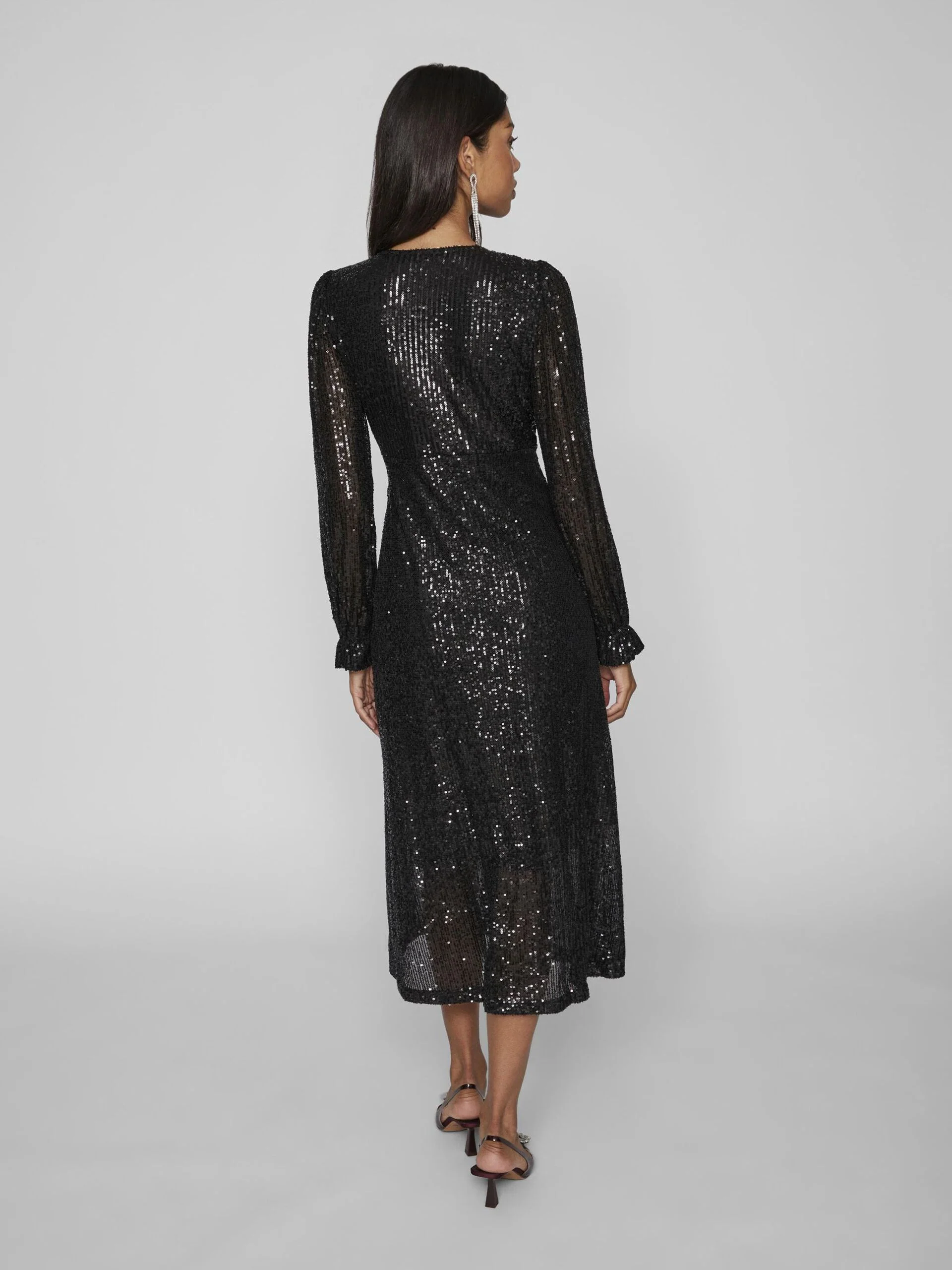 MIRA SEQUIN MIDI WRAP DRESS (BLACK) - Image 4