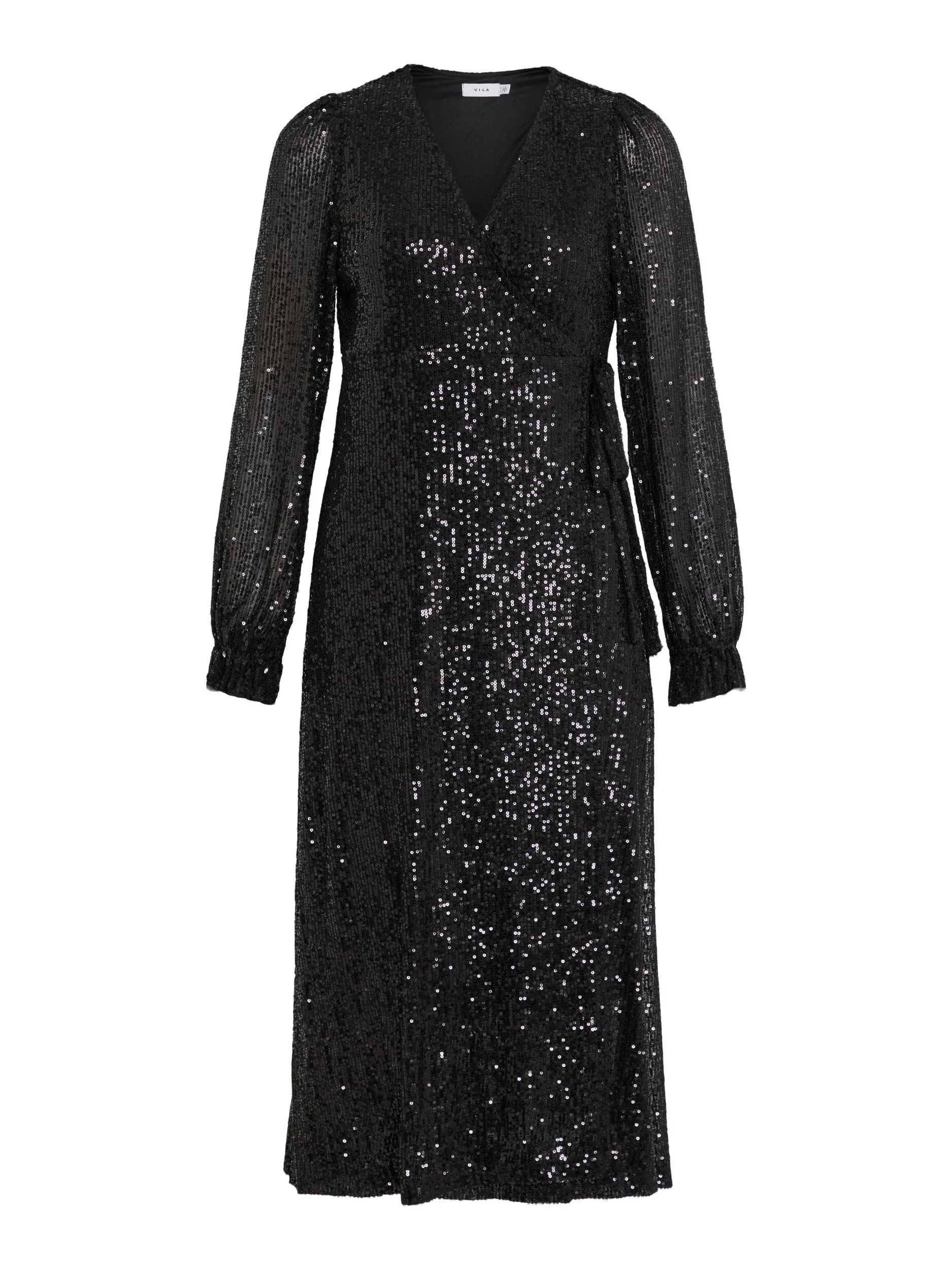 MIRA SEQUIN MIDI WRAP DRESS (BLACK) - Image 7